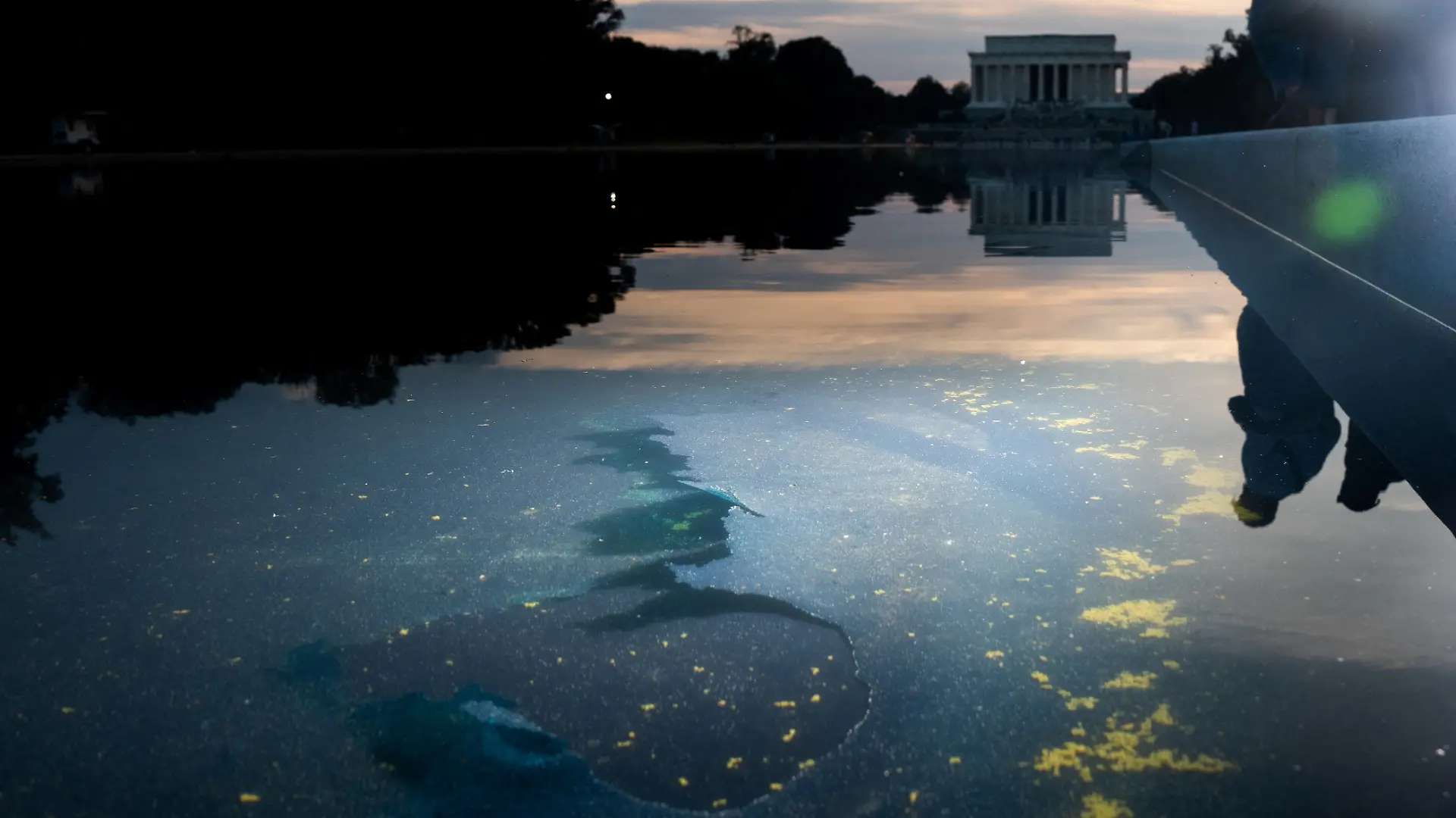 Chipped paint and algae are visible in the Lincoln Memorial Reflecting Pool, after recent renovations following a directive from U.S. President Donald Trump to paint it blue ahead of the 250th anniversary of U.S. Independence, in Washington, D.C., U.S., June 21, 2026. REUTERS/Aaron Schwartz