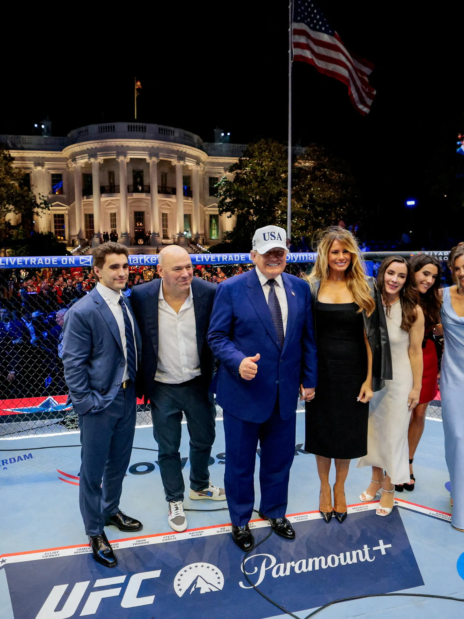 FILE PHOTO: U.S. President Donald Trump, first lady Melania Trump, UFC CEO Dana White and other guests pose inside the Octagon at UFC Freedom 250 on the South Lawn of the White House in Washington, D.C., U.S., June 15, 2026. REUTERS/Evan Vucci/Pool TPX IMAGES OF THE DAY/File Photo