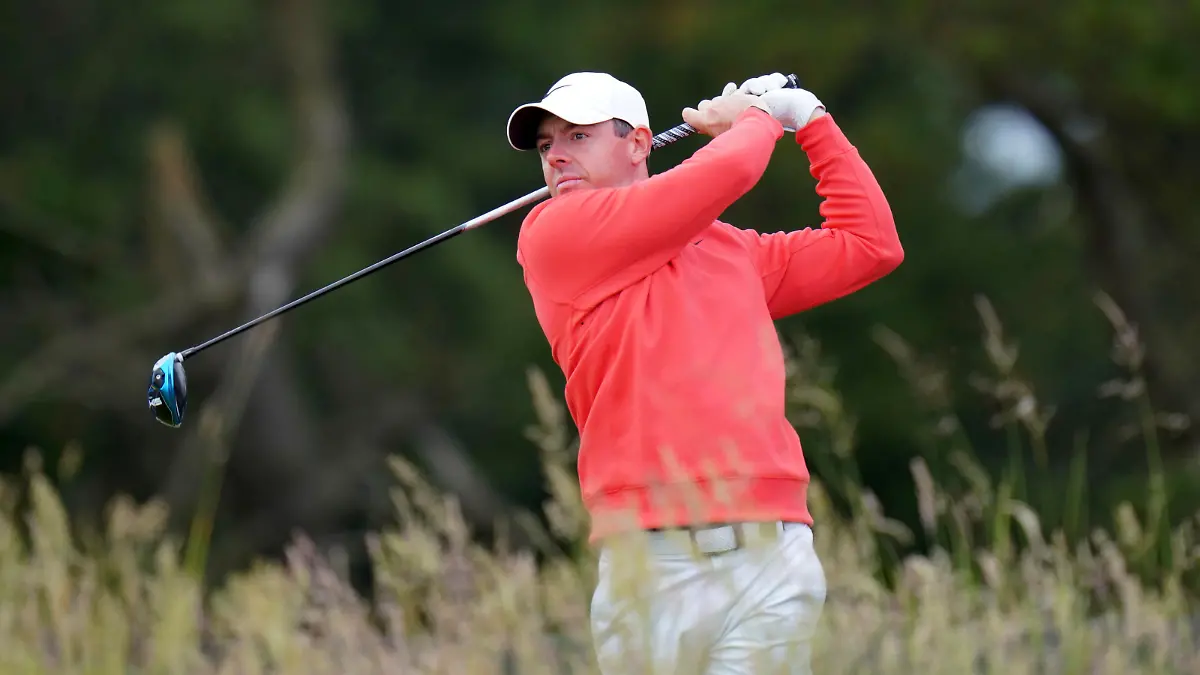 Rory McIlroy in action on the 10th tee during day two of the Aberdeen Standard Investments Scottish Open at The Renaissance Club, North Berwick, Scotland. (Jane Barlow/PA via AP)