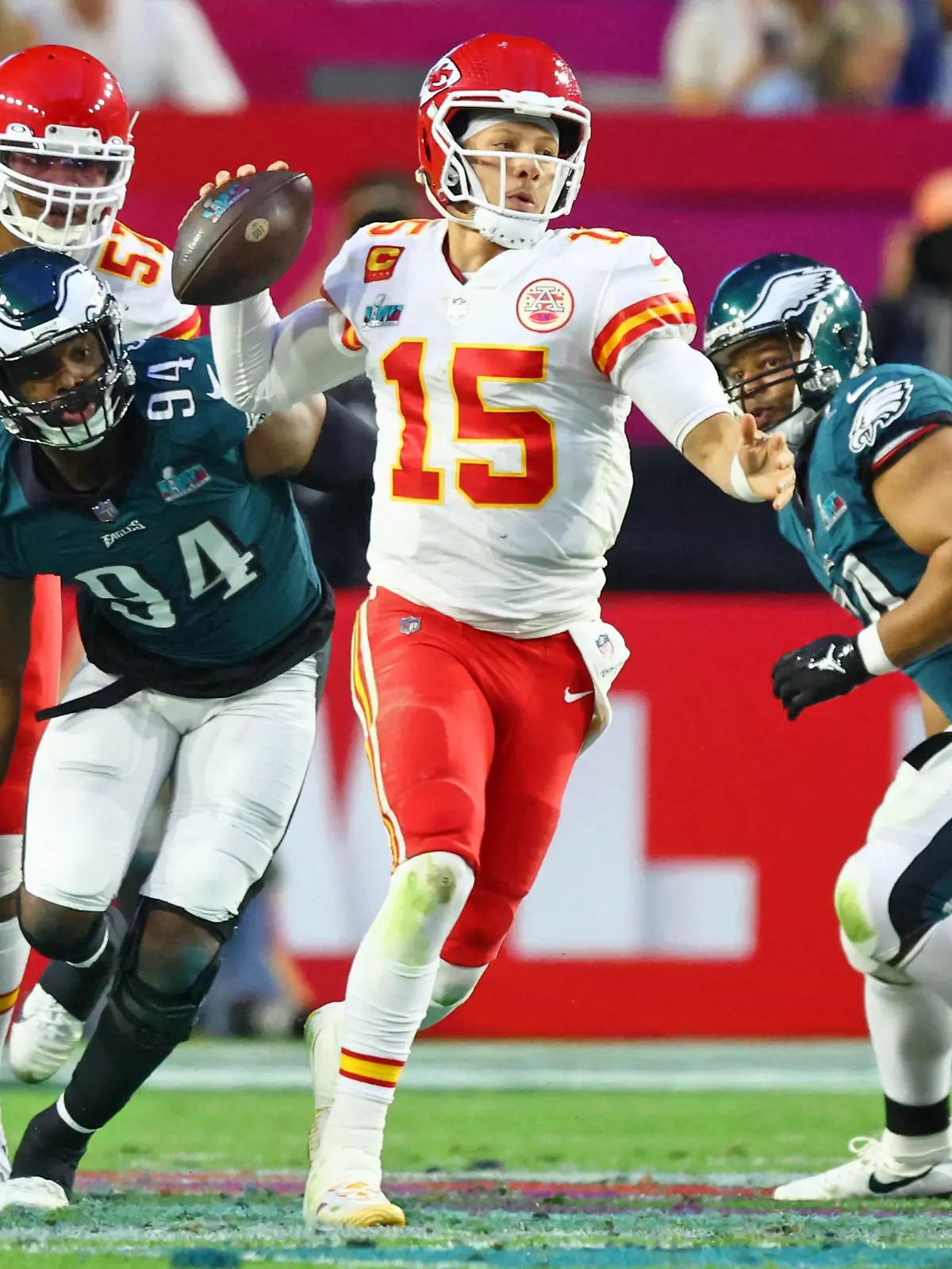 Feb 12, 2023; Glendale, Arizona, US; Kansas City Chiefs quarterback Patrick Mahomes (15) passes the ball against the Philadelphia Eagles during the second quarter of Super Bowl LVII at State Farm Stadium. Mandatory Credit: Mark J. Rebilas-USA TODAY Sports