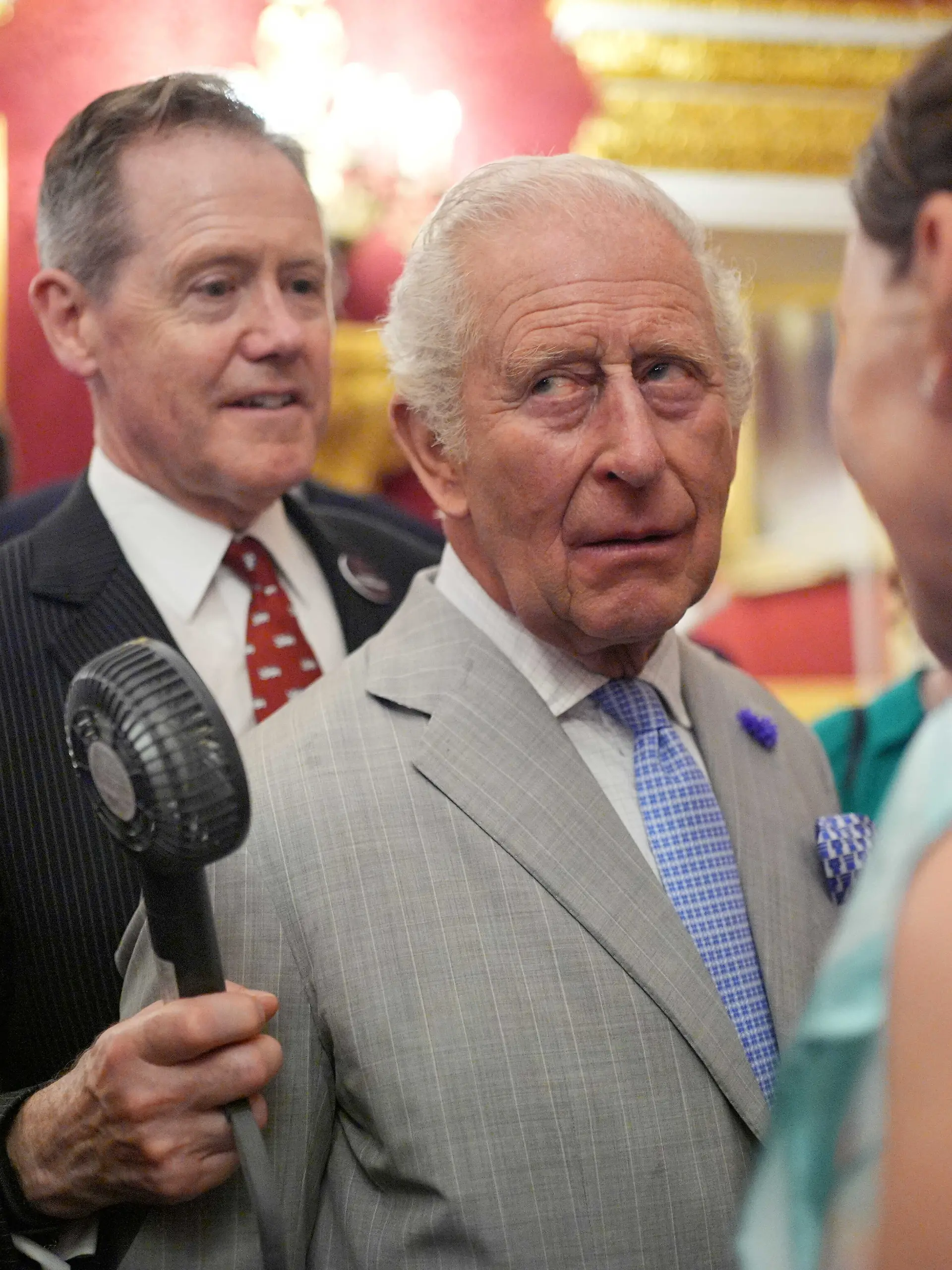 Vice Admiral Sir Tony Johnstone-Burt, Master of the Household to the Sovereign holds a small battery powered fan for King Charles III as he attends a London Climate Week reception, hosted by the Department for Energy Security and Net Zero (DESNZ), at St James's Palace, London. Picture date: Wednesday June 24, 2026., Credit:Yui Mok / PA ROTA - B68 / Avalon