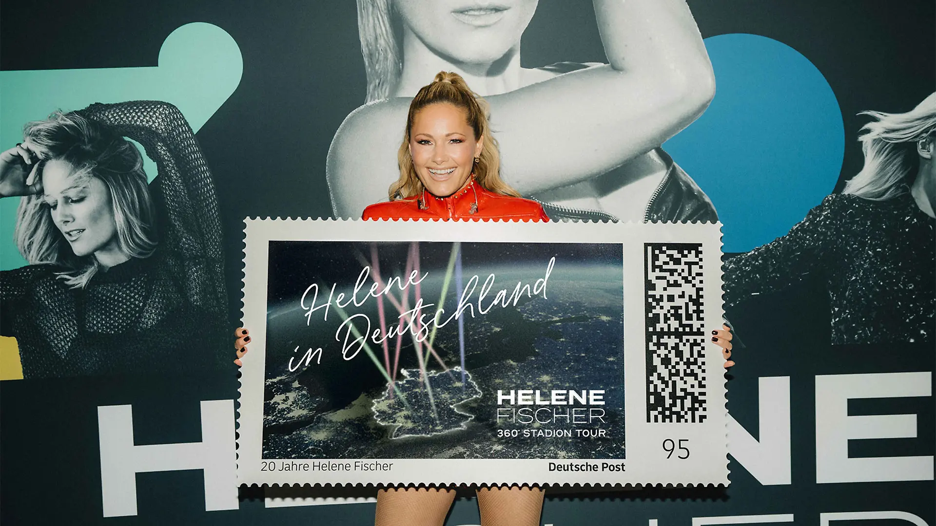 Sängerin Helene Fischer hält ein Motiv ihrer neuen Briefmarken-Sonderedition in der Hand. Die Marken sollen laut DHL im Internet und bei Fischers Stadionkonzerten erhältlich sein und ihre Karriere würdigen. +++ dpa-Bildfunk +++