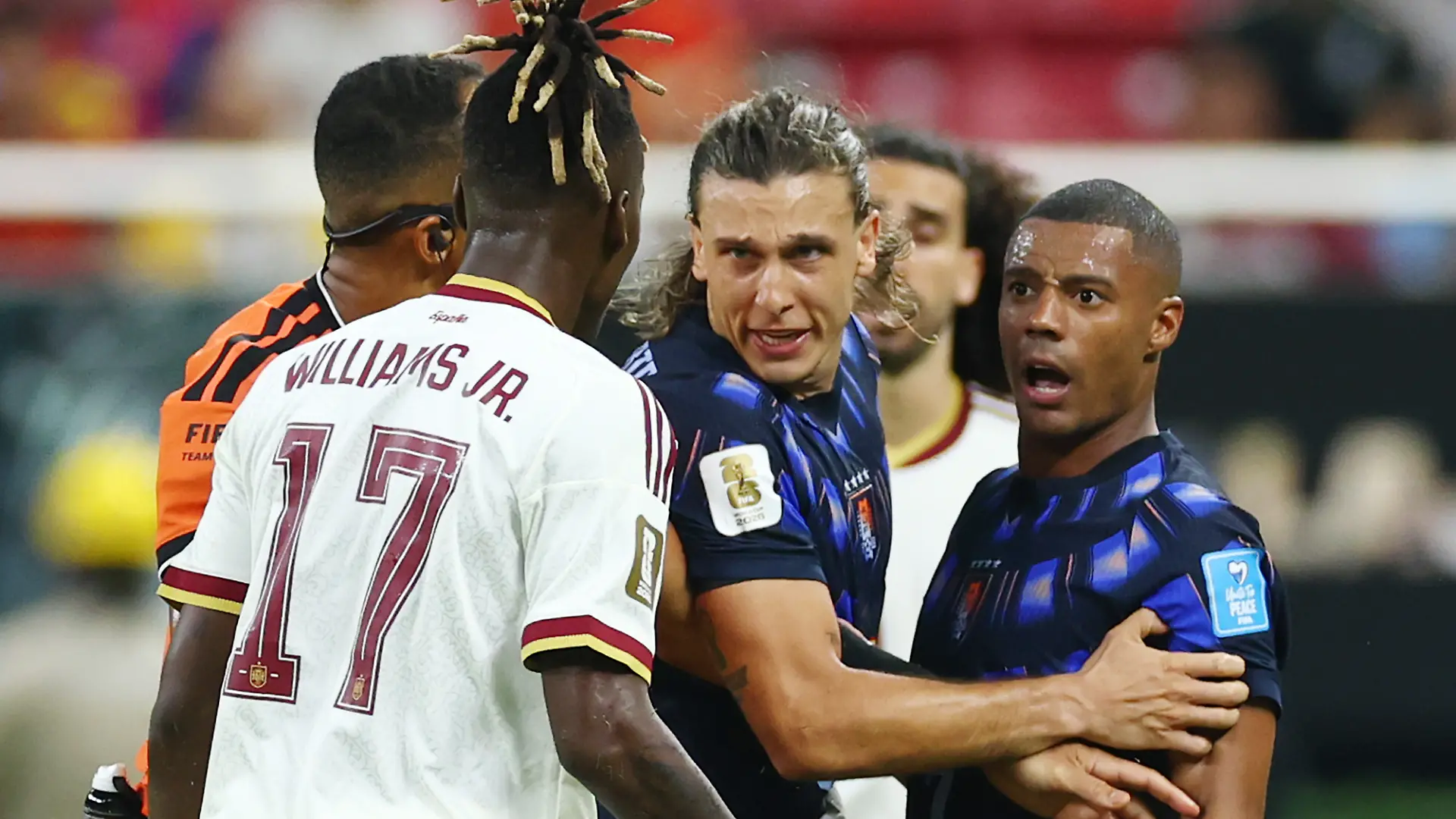 Uruguay's Agustin Canobbio and Nicolas de la Cruz argue with Spain's Nico Williams (17) in the closing minutes of a FIFA World Cup match at Guadalajara Stadium in Guadalajara, Mexico, on Friday, June 26, 2026. Photo by Christian Brunskill/UPI Photo via Newscom picture alliance