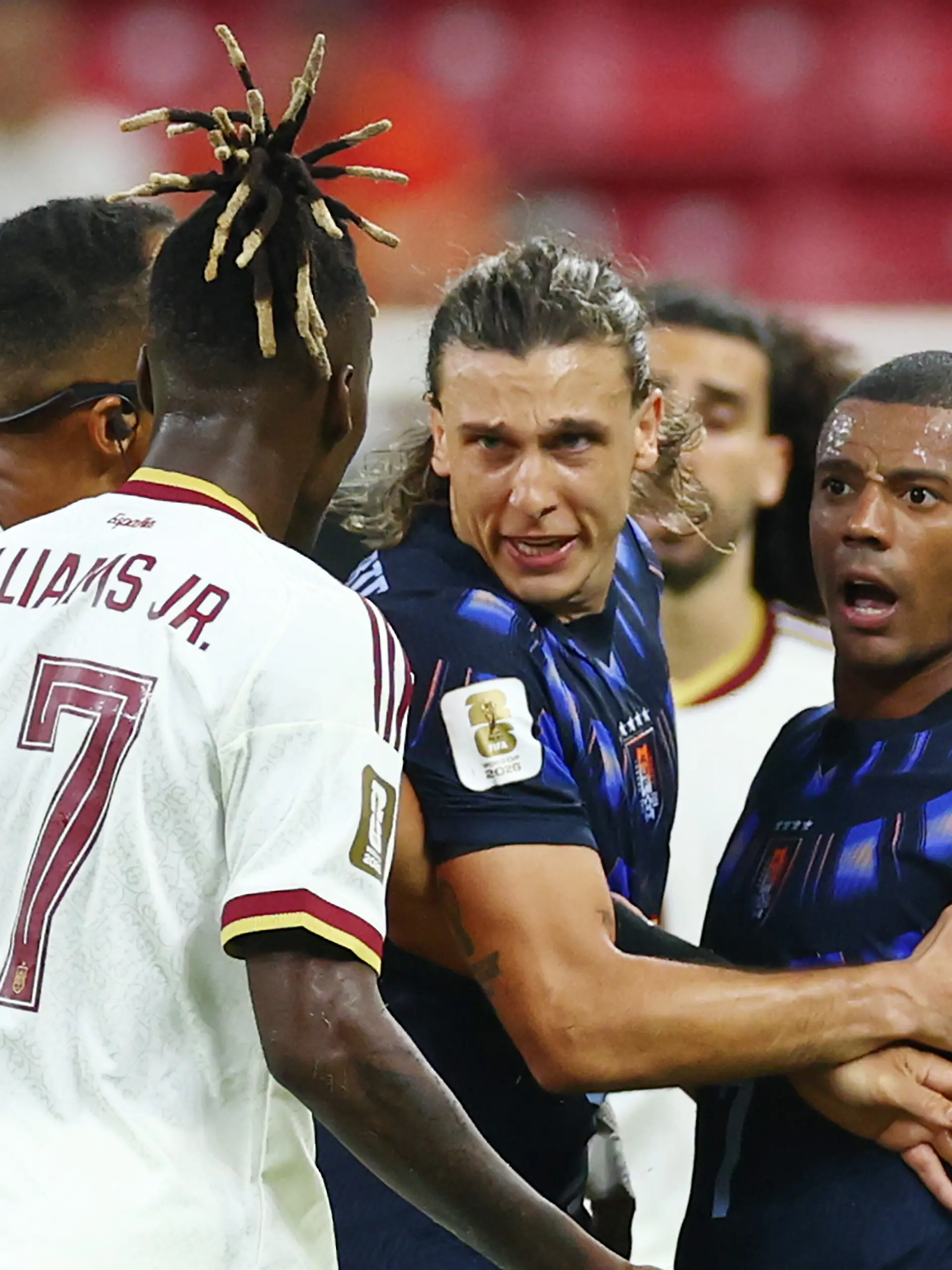 Uruguay's Agustin Canobbio and Nicolas de la Cruz argue with Spain's Nico Williams (17) in the closing minutes of a FIFA World Cup match at Guadalajara Stadium in Guadalajara, Mexico, on Friday, June 26, 2026. Photo by Christian Brunskill/UPI Photo via Newscom picture alliance