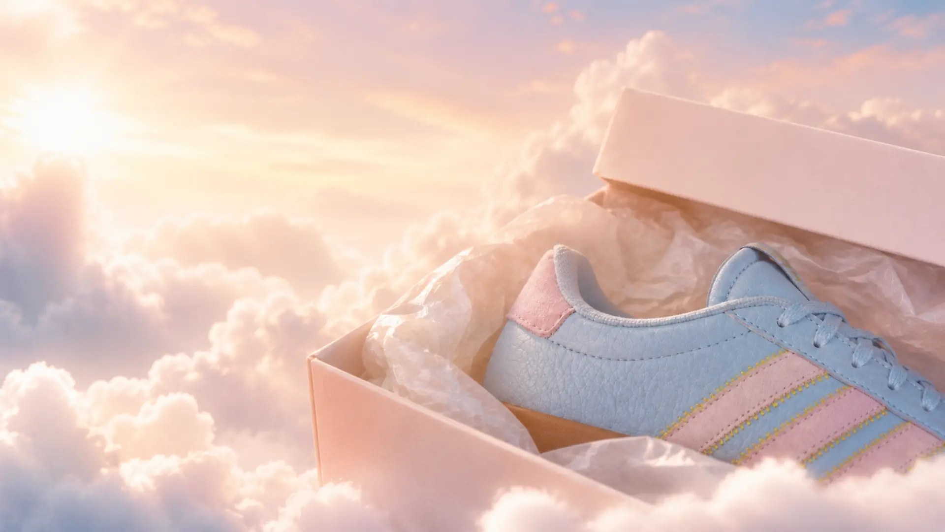Der Adidas VL Court 3.0 in Himmelblau/Rosa vor Wolken-Hintergrund