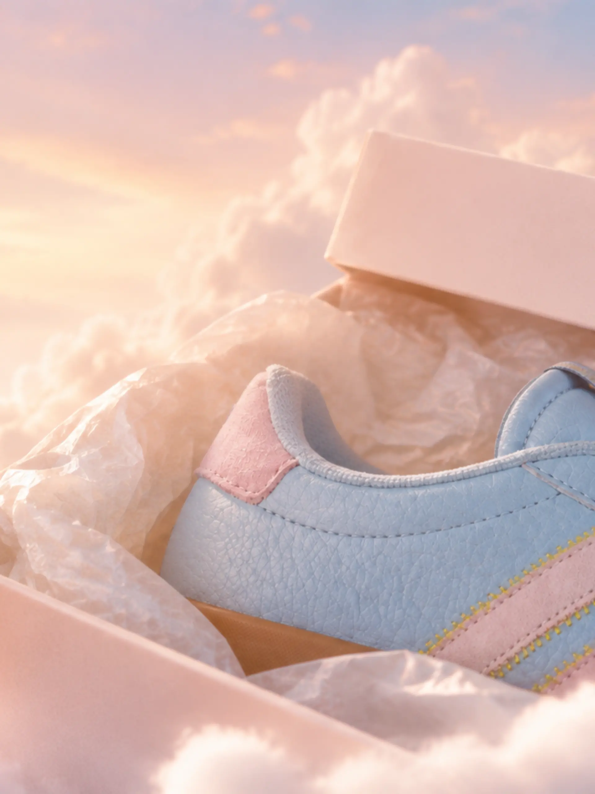Der Adidas VL Court 3.0 in Himmelblau/Rosa vor Wolken-Hintergrund