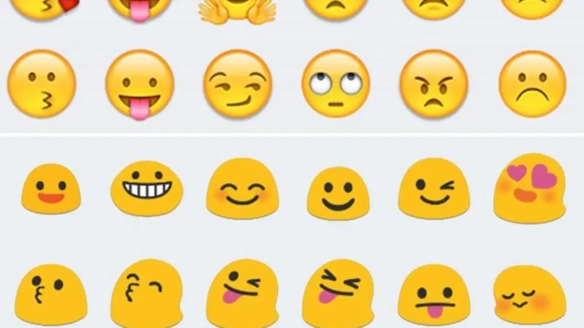 Je nach Gerät unterscheiden sich die Emojis im Aussehen stark. Das kann auch mal zu Missverständnissen führen. Oben im Bild die Emoji-Palette von Apples iOS, unten die von Android. Montage: dpa-tmn Foto: dpa-tmn