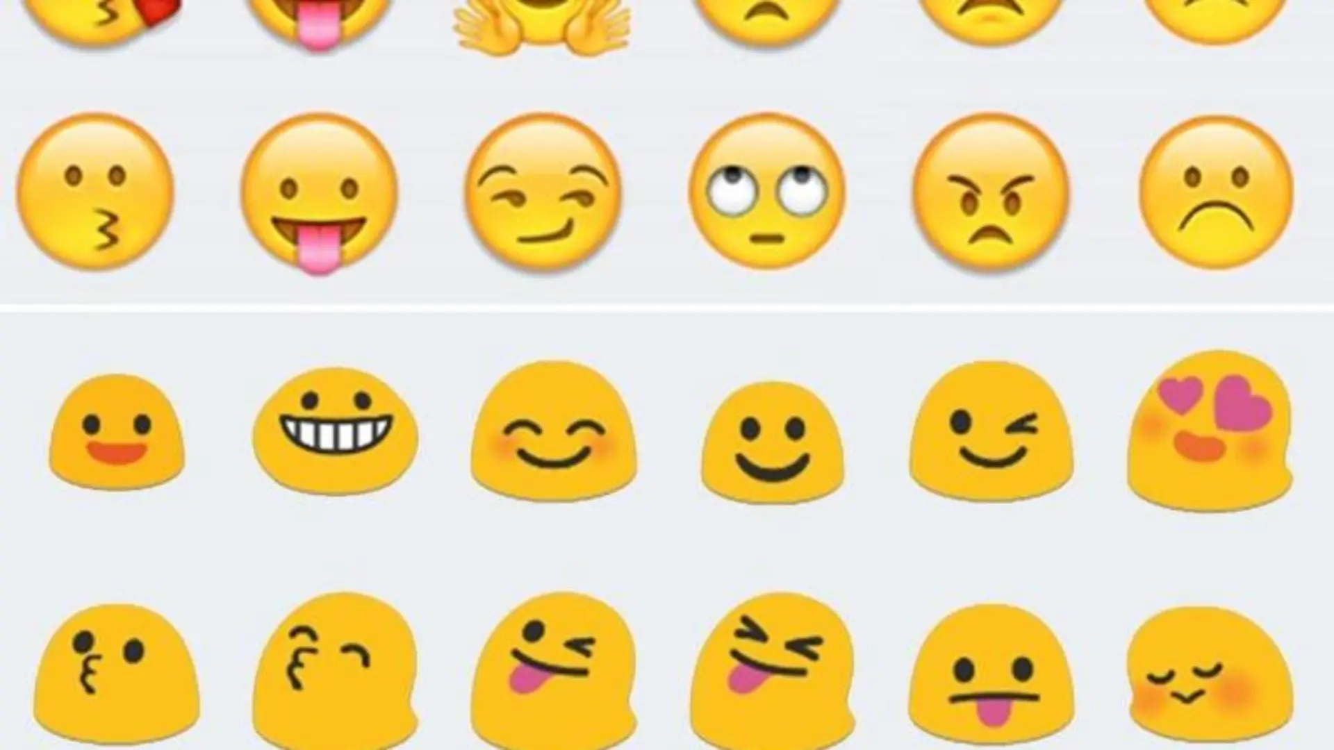 Je nach Gerät unterscheiden sich die Emojis im Aussehen stark. Das kann auch mal zu Missverständnissen führen. Oben im Bild die Emoji-Palette von Apples iOS, unten die von Android. Montage: dpa-tmn Foto: dpa-tmn