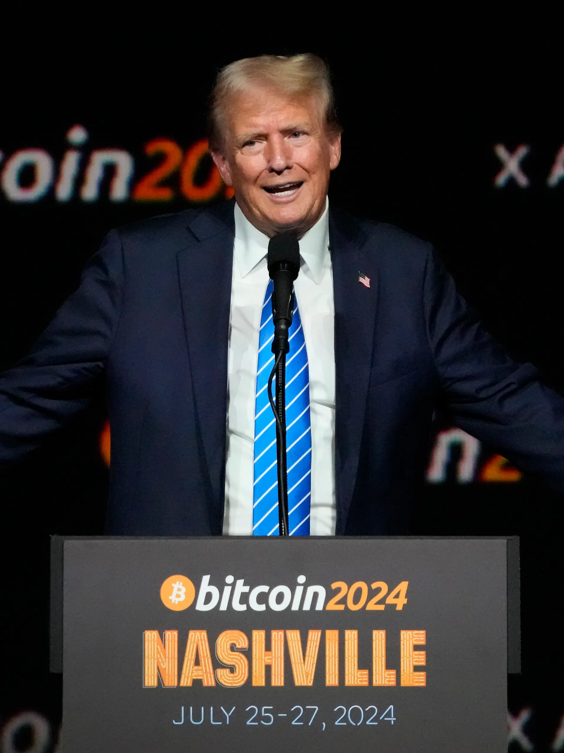 FILE - Then Former President Donald Trump speaks at the Bitcoin 2024 Conference, July 27, 2024, in Nashville, Tenn. (AP Photo/Mark Humphrey, File)