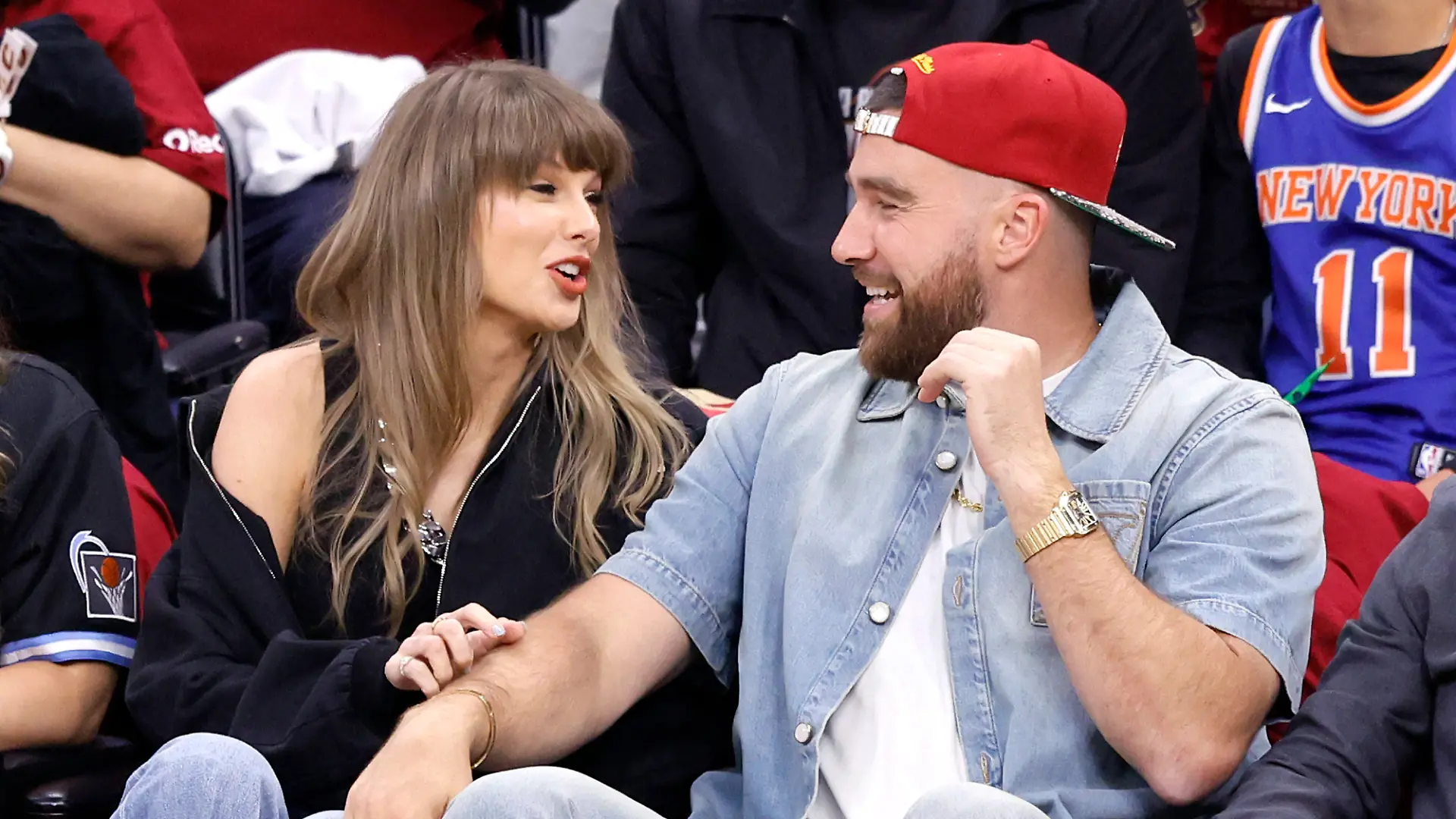 Taylor Swift and Travis Kelce talkd during the first quarter of the Cleveland Cavaliers Eastern Conference Final game against the New York Knicks in Cleveland, Ohio Saturday May 23, 2026. Photo by Aaron Josefczyk Photo via Newscom picture alliance