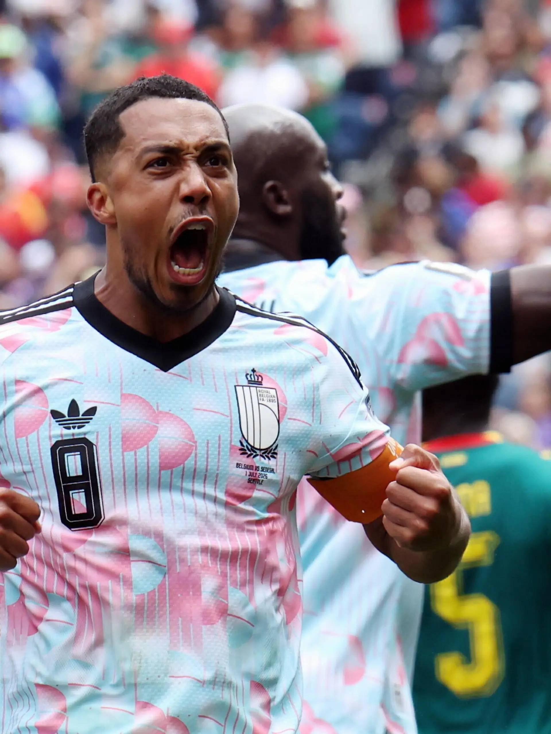 Belgium's Youri Tielemans celebrates after scoring during a soccer game between Belgian national team Red Devils and Senegal, on Wednesday 01 July 2026, at the Seattle Field, in Seattle, a 1/16 finals game in the FIFA World Cup 2026. BELGA PHOTO BRUNO FAHY