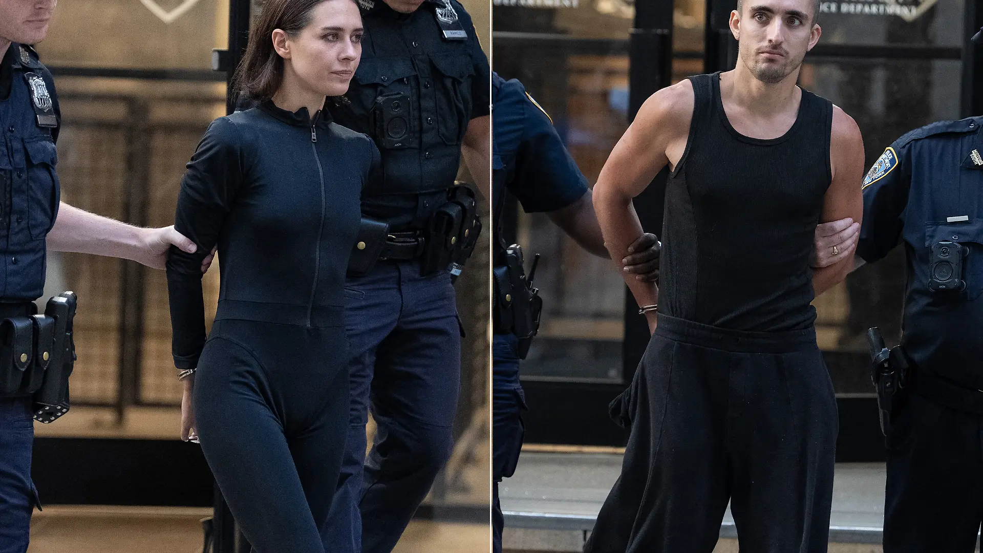Angela Nikolau, left, and Ivan Beerkus are pictured in police custody leaving the New York Police Department's Midtown South Precinct station house on Wednesday, July 1, 2026 in Manhattan, New York. (Barry Williams/New York Daily News/TNS/ABACAPRESS.COM - NO FILM, NO VIDEO, NO TV, NO DOCUMENTARY