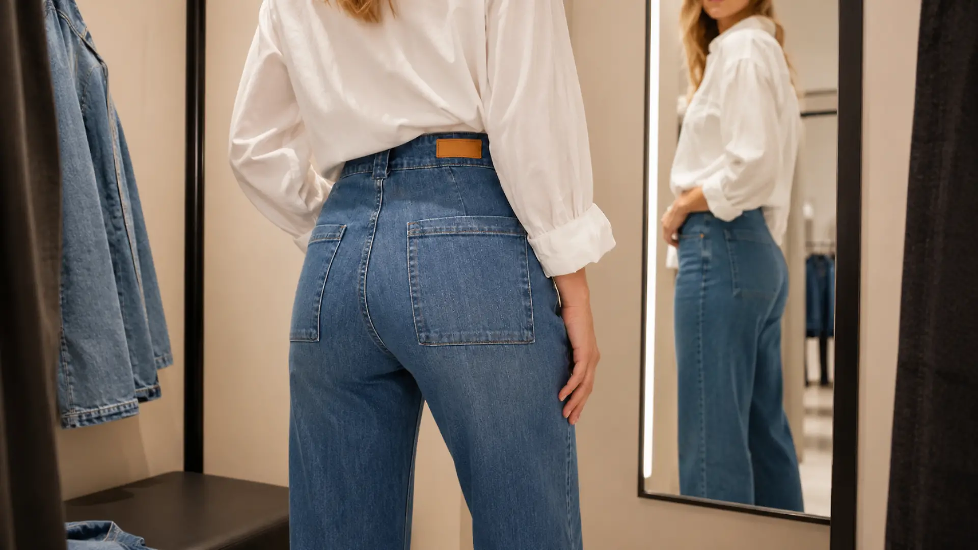 Straight-Jeans High Waist in einer Umkleide