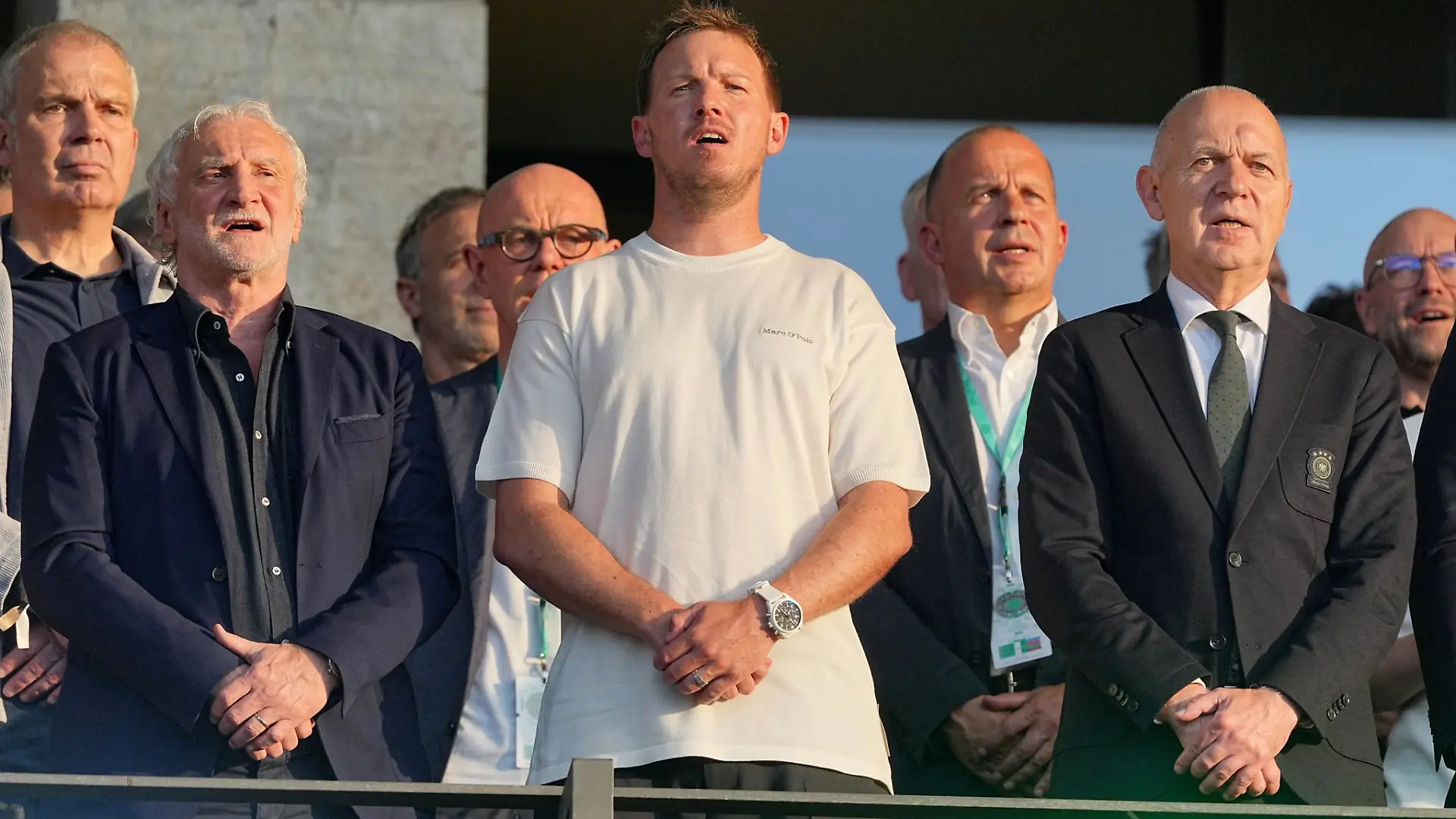 Ende beim DFB? Bundestrainer Julian Nagelsmann zwischen Rudi Völler und Bernd Neuendorf. (Archivbild)