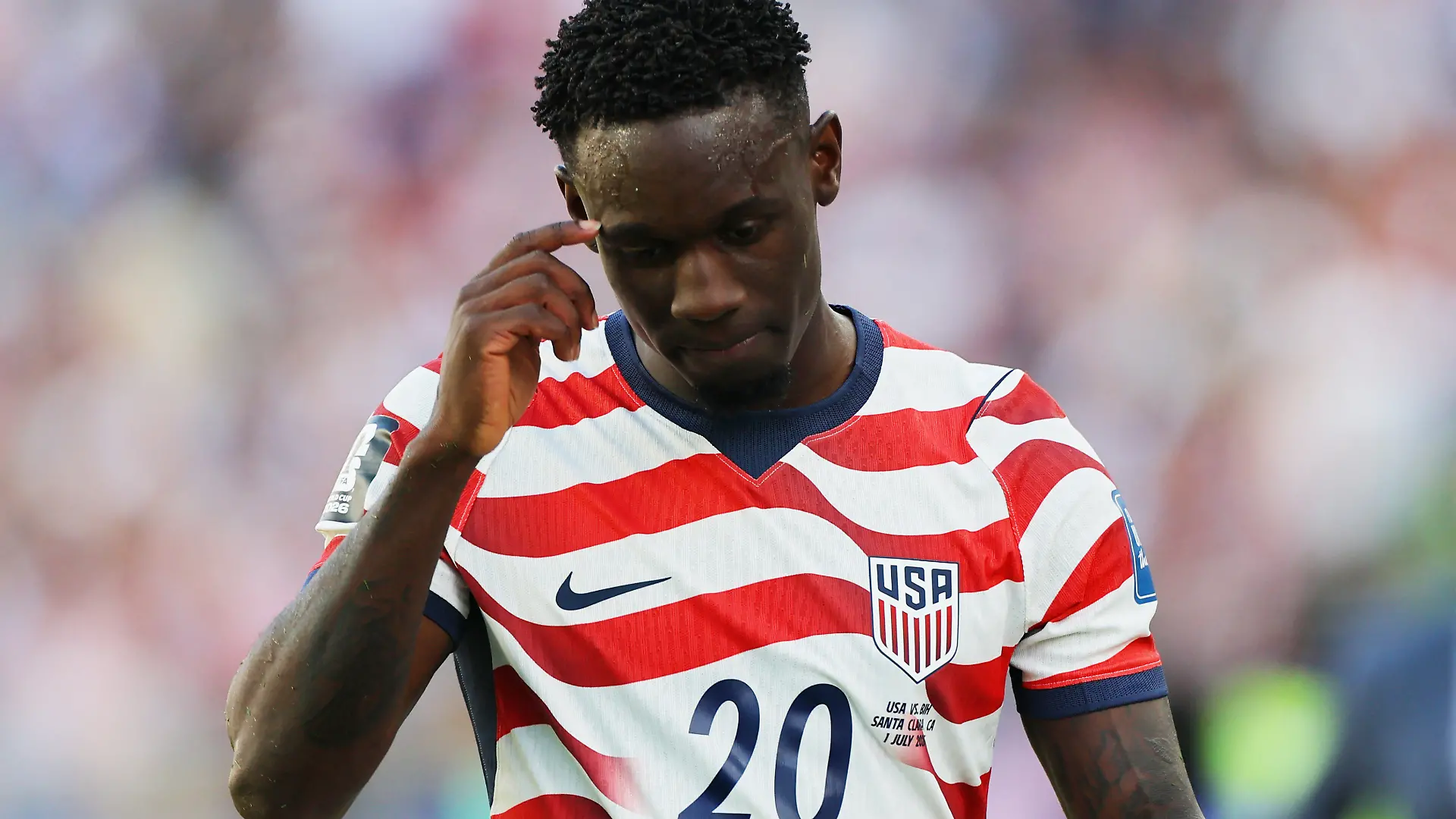 Soccer Football - FIFA World Cup 2026 - Round of 32 - United States v Bosnia and Herzegovina - San Francisco Bay Area Stadium, Santa Clara, California, U.S. - July 1, 2026 Folarin Balogun of the U.S. reacts after receiving a red card REUTERS/Carlos Barria