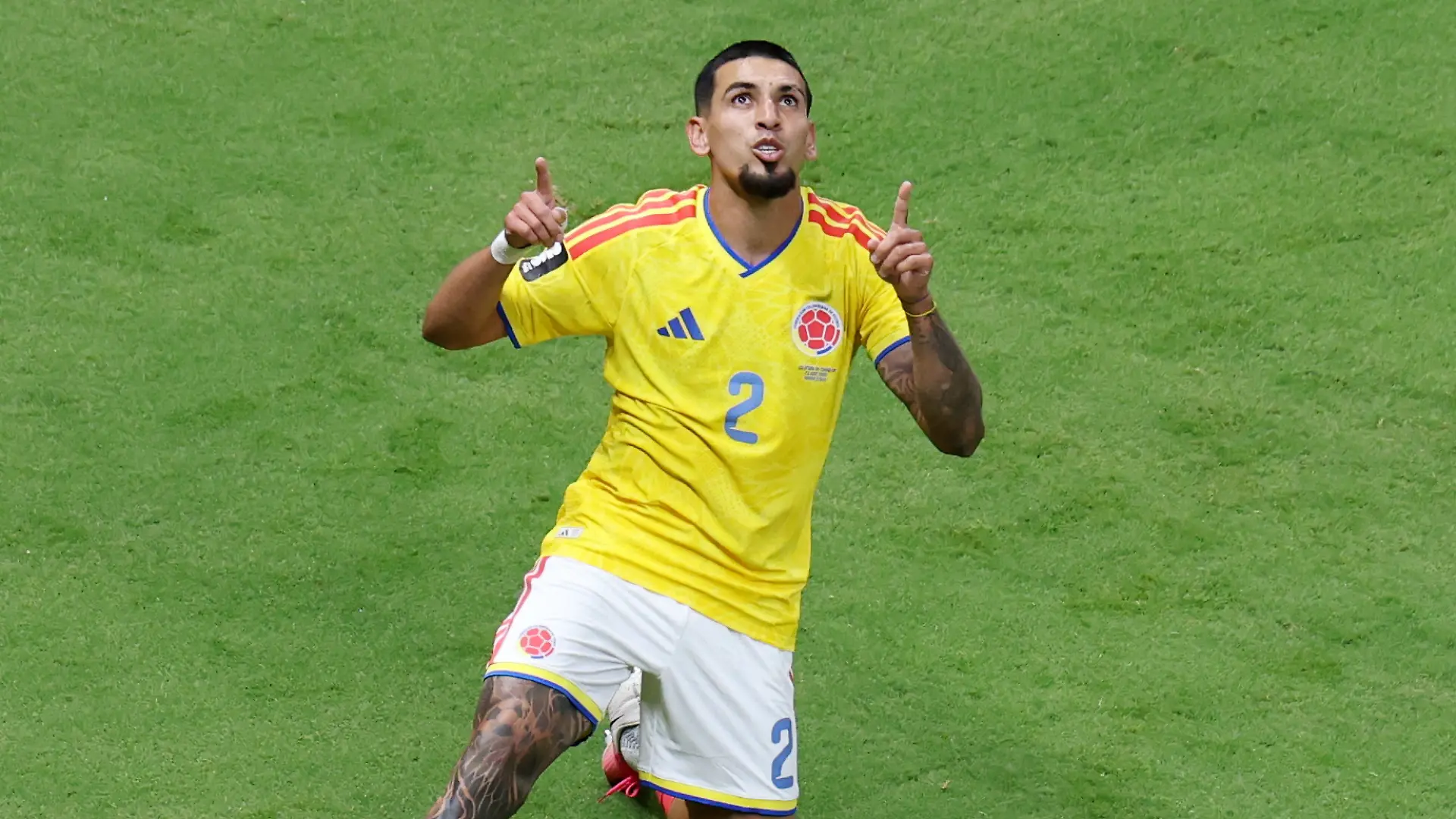 Soccer Football - FIFA World Cup 2026 - Group K - Colombia v DR Congo - Estadio Guadalajara, Guadalajara, Mexico - June 23, 2026 Colombia's Daniel Munoz celebrates scoring their first goal REUTERS/Raquel Cunha