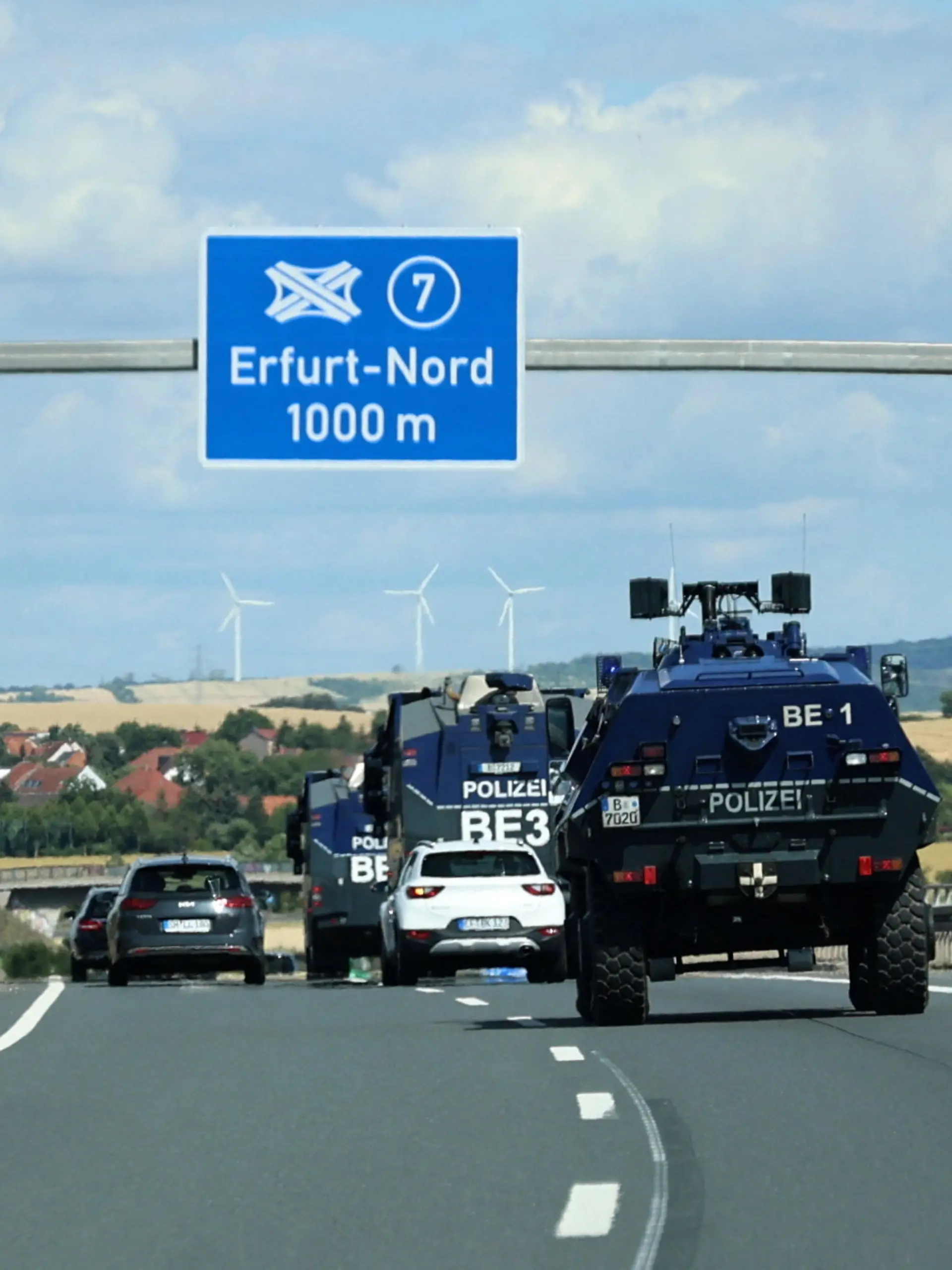 Police water cannons drive on a road near Erfurt - Nord, Germany, July 3, 2026, one day before the start of a far-right Alternative for Germany (AfD) party congress on the weekend July 4 and 5, 2026. REUTERS/Karina Hessland