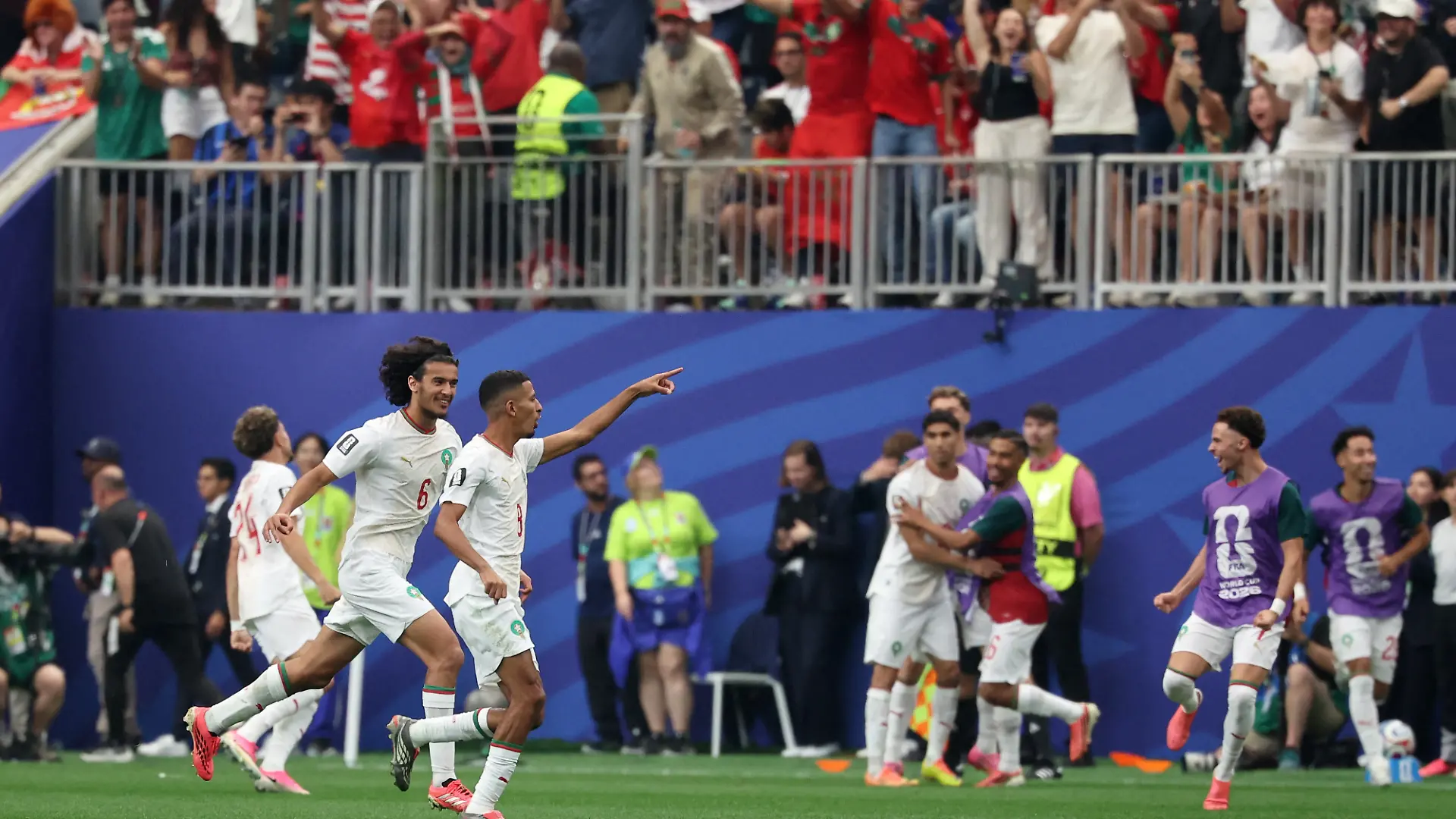 Soccer Football - FIFA World Cup 2026 - Round of 16 - Canada v Morocco - Houston Stadium, Houston, Texas, U.S. - July 4, 2026 Morocco's Azzedine Ounahi celebrates scoring their first goal with Morocco's Ayyoub Bouaddi IMAGN IMAGES via Reuters/Troy Taormina