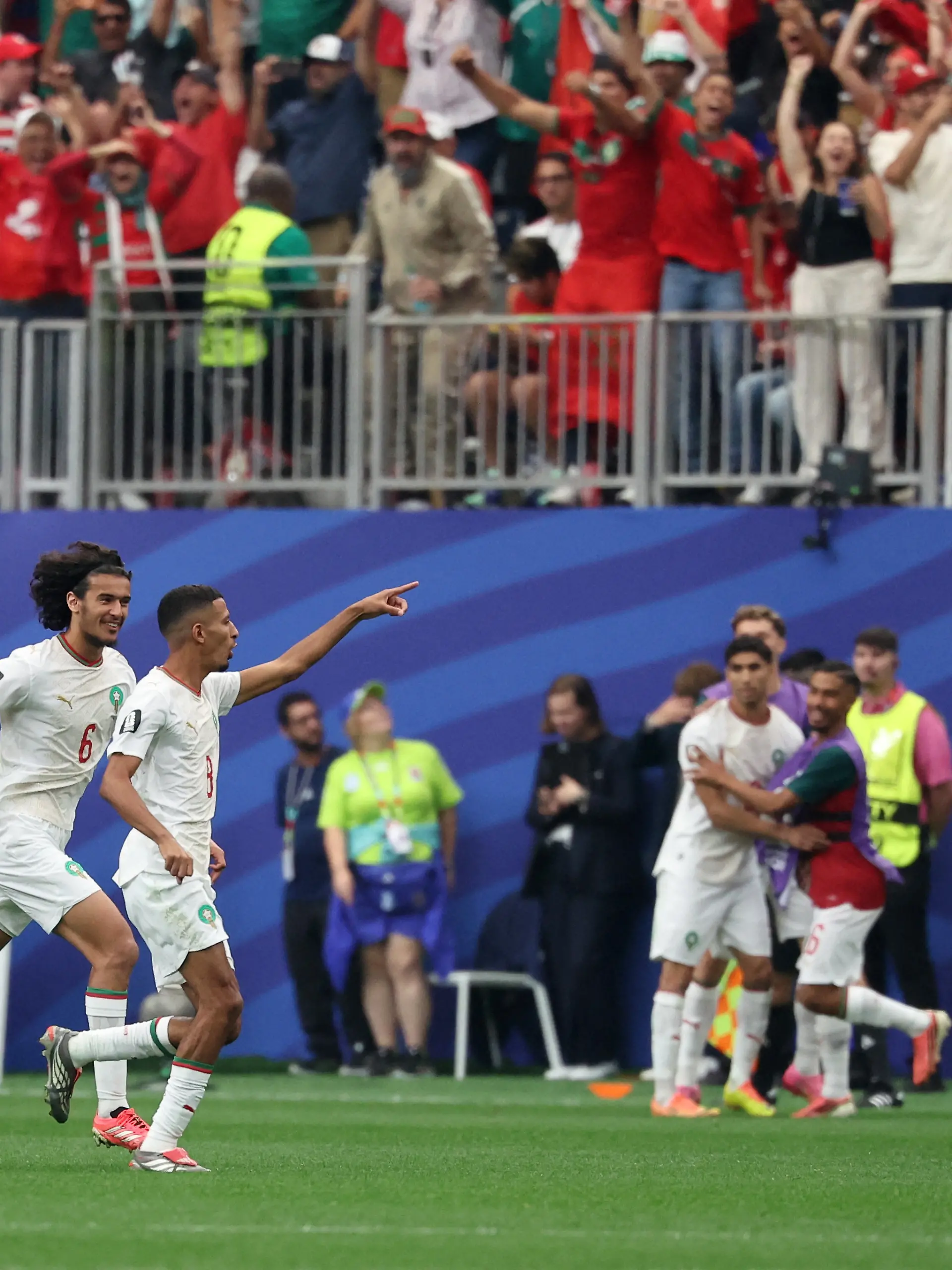 Soccer Football - FIFA World Cup 2026 - Round of 16 - Canada v Morocco - Houston Stadium, Houston, Texas, U.S. - July 4, 2026 Morocco's Azzedine Ounahi celebrates scoring their first goal with Morocco's Ayyoub Bouaddi IMAGN IMAGES via Reuters/Troy Taormina