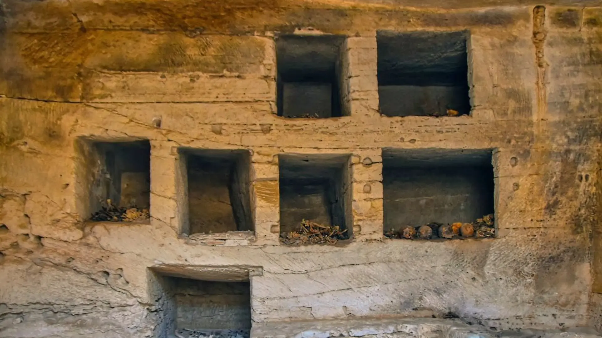 In this photo provided Saturday, July 4, 2026, by Ministery of Tourism and Antiquities, some of seven surface limestone-built tombs, discovered in the Marina el-Alamein archaeological site, are seen west of the Mediterranean city of Alexandria, Egypt. (Ministery of Tourism and Antiquities via AP)
