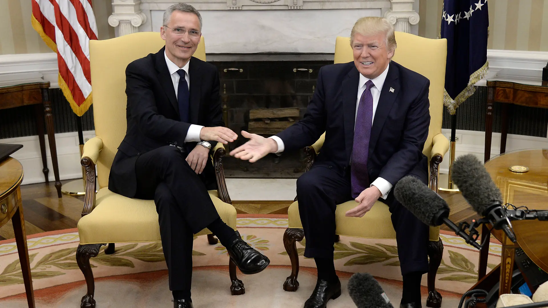 United States President Donald J. Trump shakes hands with Secretary General Jens Stoltenberg of NATO in the Oval Office of the White House in Washington, DC, April 12, 2017. Credit: Olivier Douliery / Pool via CNP EDITORIAL USE ONLY Copyright: xx x cnpphotos118477