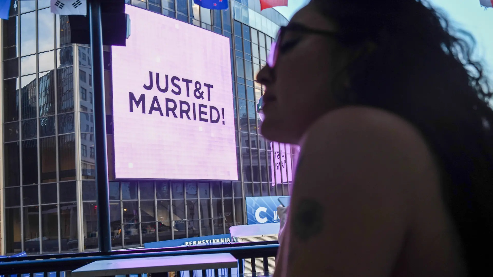 A "Just Married" sign is displayed on Madison Square Garden during a wedding between singer Taylor Swift and National Football League player Travis Kelce on Friday, July 3, 2026, in New York. (AP Photo/Ryan Murphy)