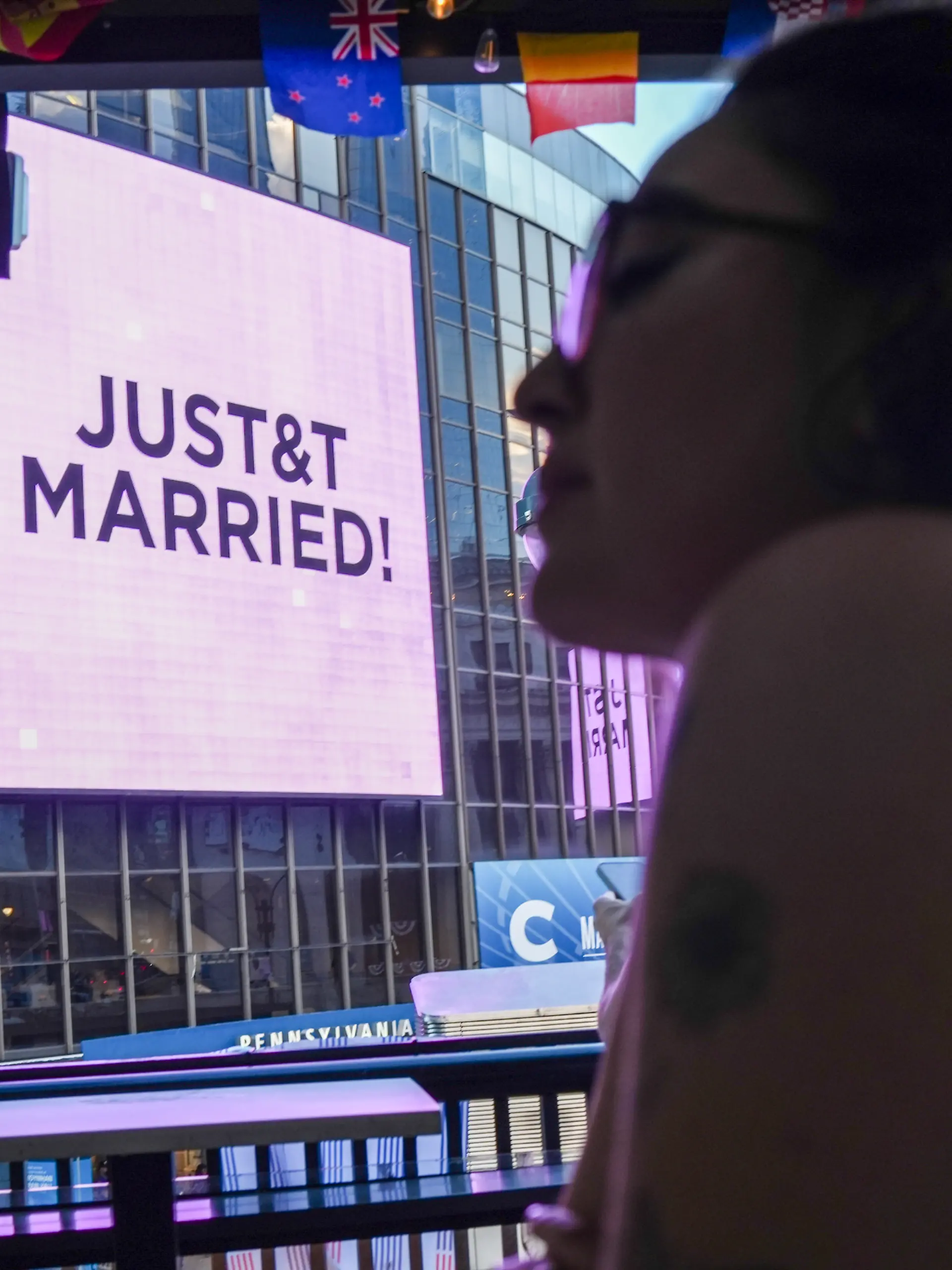 A "Just Married" sign is displayed on Madison Square Garden during a wedding between singer Taylor Swift and National Football League player Travis Kelce on Friday, July 3, 2026, in New York. (AP Photo/Ryan Murphy)