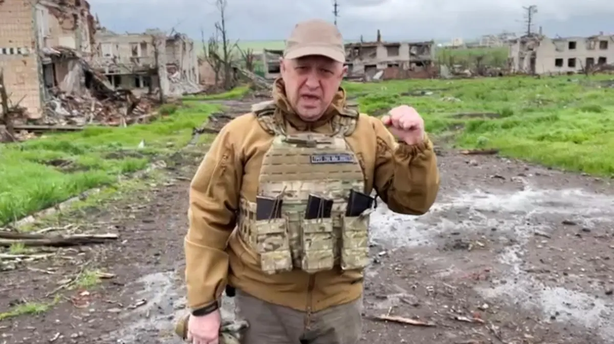 RUSSIA, SOLEDAR - MAY 1, 2023: PMC Wagner founder Yevgeny Prigozhin is seen by the destroyed Knauf Gips Donbass plant on International Workers' Day. Best quality available. Video screen grab. Konkord Company Press Service/TASS / action press