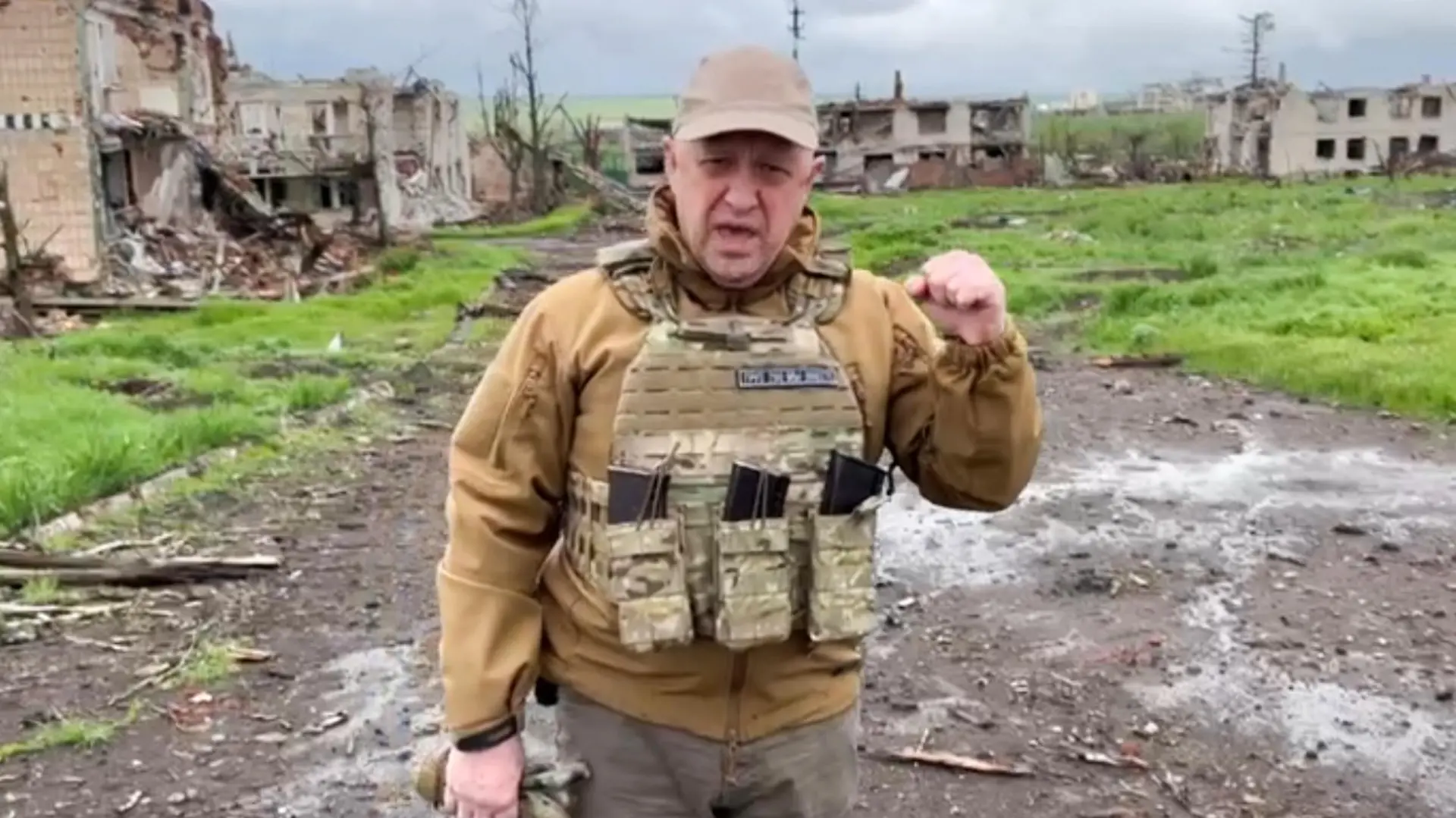 RUSSIA, SOLEDAR - MAY 1, 2023: PMC Wagner founder Yevgeny Prigozhin is seen by the destroyed Knauf Gips Donbass plant on International Workers' Day. Best quality available. Video screen grab. Konkord Company Press Service/TASS / action press