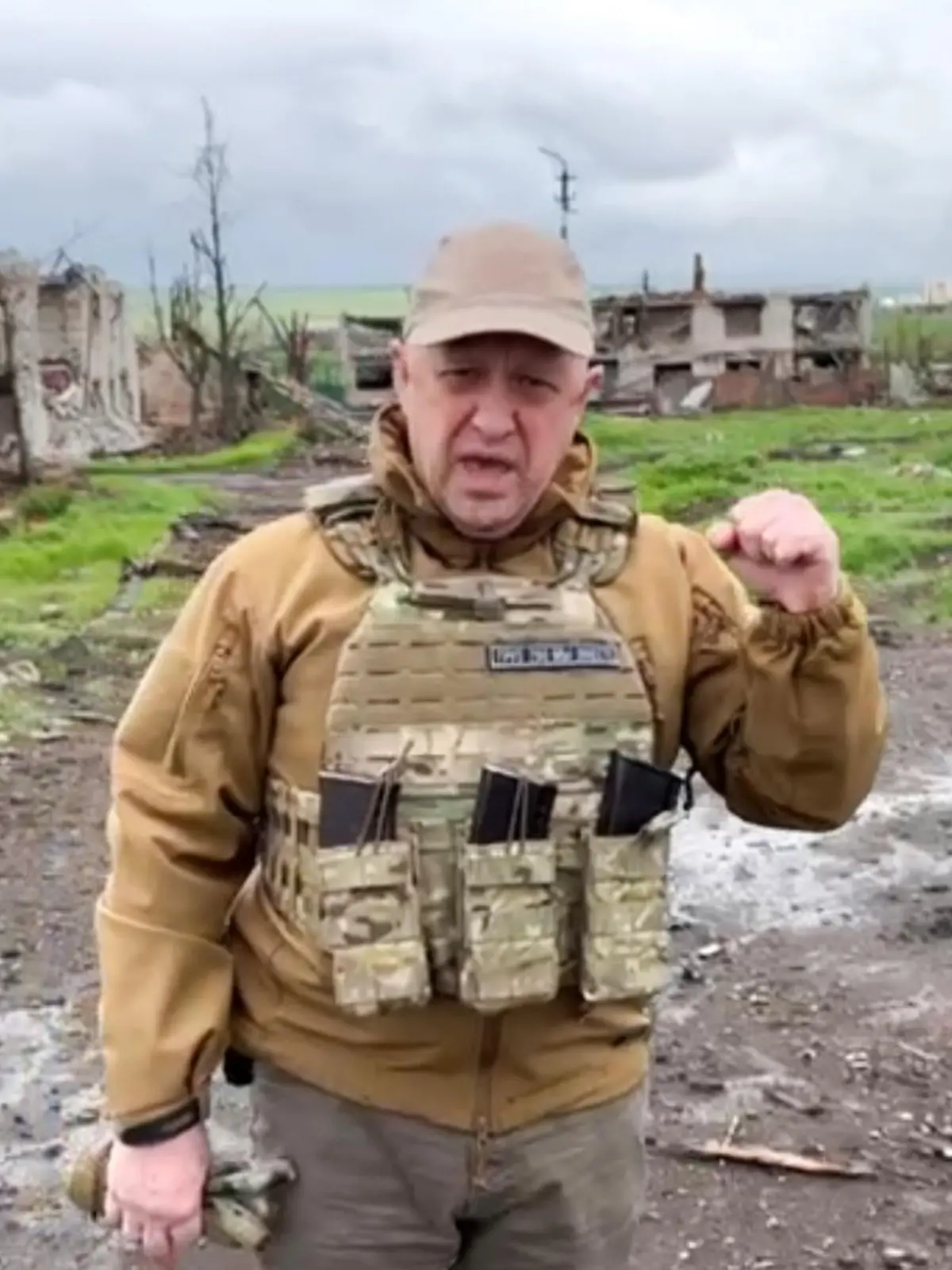 RUSSIA, SOLEDAR - MAY 1, 2023: PMC Wagner founder Yevgeny Prigozhin is seen by the destroyed Knauf Gips Donbass plant on International Workers' Day. Best quality available. Video screen grab. Konkord Company Press Service/TASS / action press