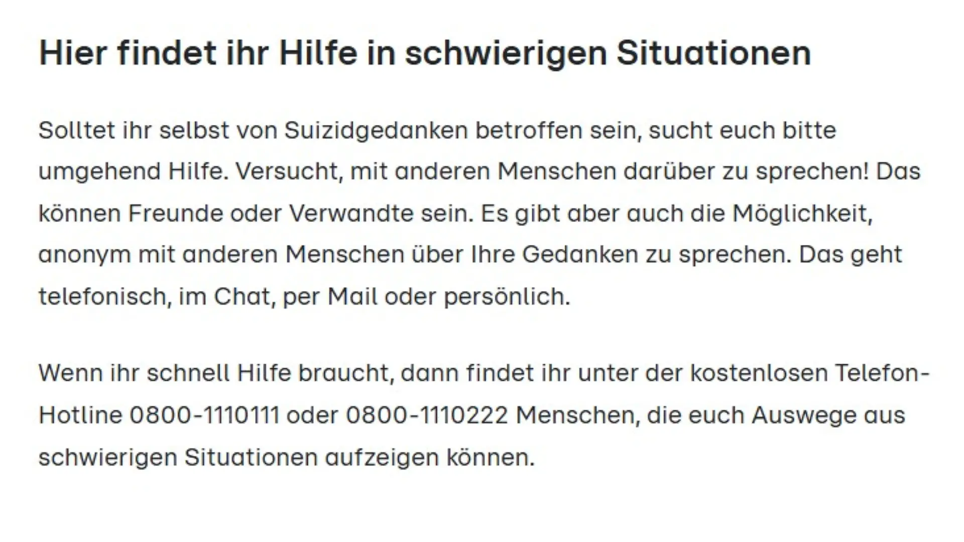 Suizid Hinweis als Bild