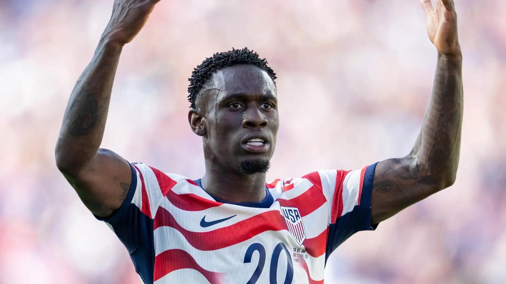 July 5, 2026: FIFA on Sunday suspended the red card U.S. striker FOLARIN BALOGUN received in the team's match against Bosnia-Herzegovina in the round of 32, making him available to face Belgium in the round of 16 at the World Cup. FILE PHOTO SHOT ON: July 1, 2026: United States of America forward Folarin Balogun (20) celebrates after scoring a goal against Bosnia and Herzegovina in round 32 of the IFA World Cup 2026 game at Levi Stadium in Santa Clara. (Credit Image: © Paul Kitagaki Jr./ZUMA Press Wire