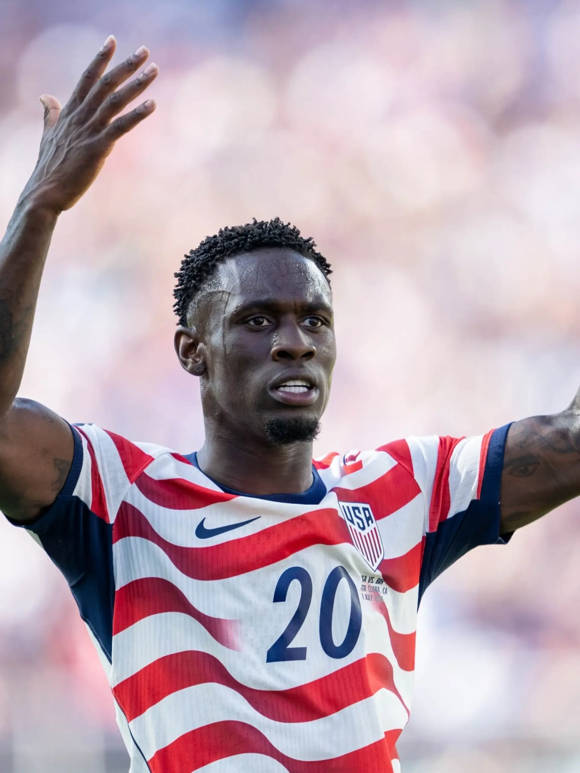July 5, 2026: FIFA on Sunday suspended the red card U.S. striker FOLARIN BALOGUN received in the team's match against Bosnia-Herzegovina in the round of 32, making him available to face Belgium in the round of 16 at the World Cup. FILE PHOTO SHOT ON: July 1, 2026: United States of America forward Folarin Balogun (20) celebrates after scoring a goal against Bosnia and Herzegovina in round 32 of the IFA World Cup 2026 game at Levi Stadium in Santa Clara. (Credit Image: © Paul Kitagaki Jr./ZUMA Press Wire