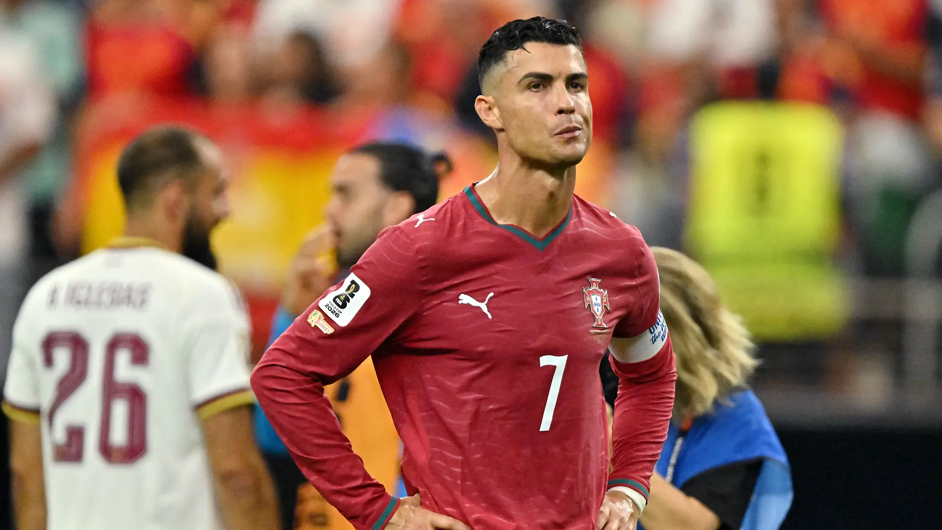 Soccer Football - FIFA World Cup 2026 - Round of 16 - Portugal v Spain - Dallas Stadium, Arlington, Texas, U.S. - July 6, 2026 Portugal’s Cristiano Ronaldo looks dejected after the match as Portugal are eliminated from the World Cup IMAGN IMAGES via Reuters/Maria Lysaker