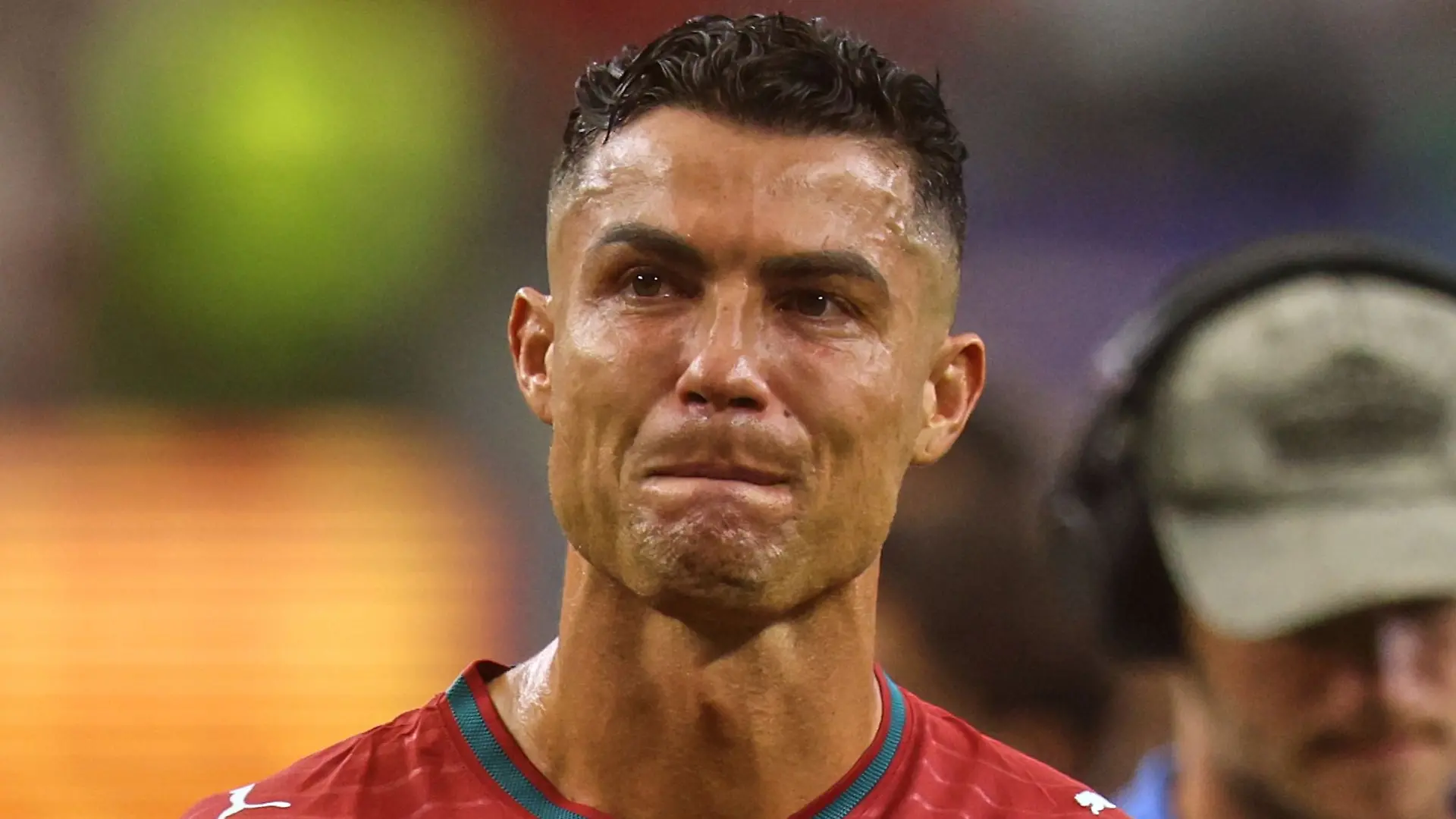 06.07.2026, USA, Arlington: Fußball, Männer, WM 2026, Portugal - Spanien, Finalrunde, Achtelfinale, im Dallas -Stadion in Arlington. Der Portugiese Cristiano Ronaldo (7) reagiert nach dem Achtelfinalspiel. Foto: Gareth Patterson/AP/dpa +++ dpa-Bildfunk +++