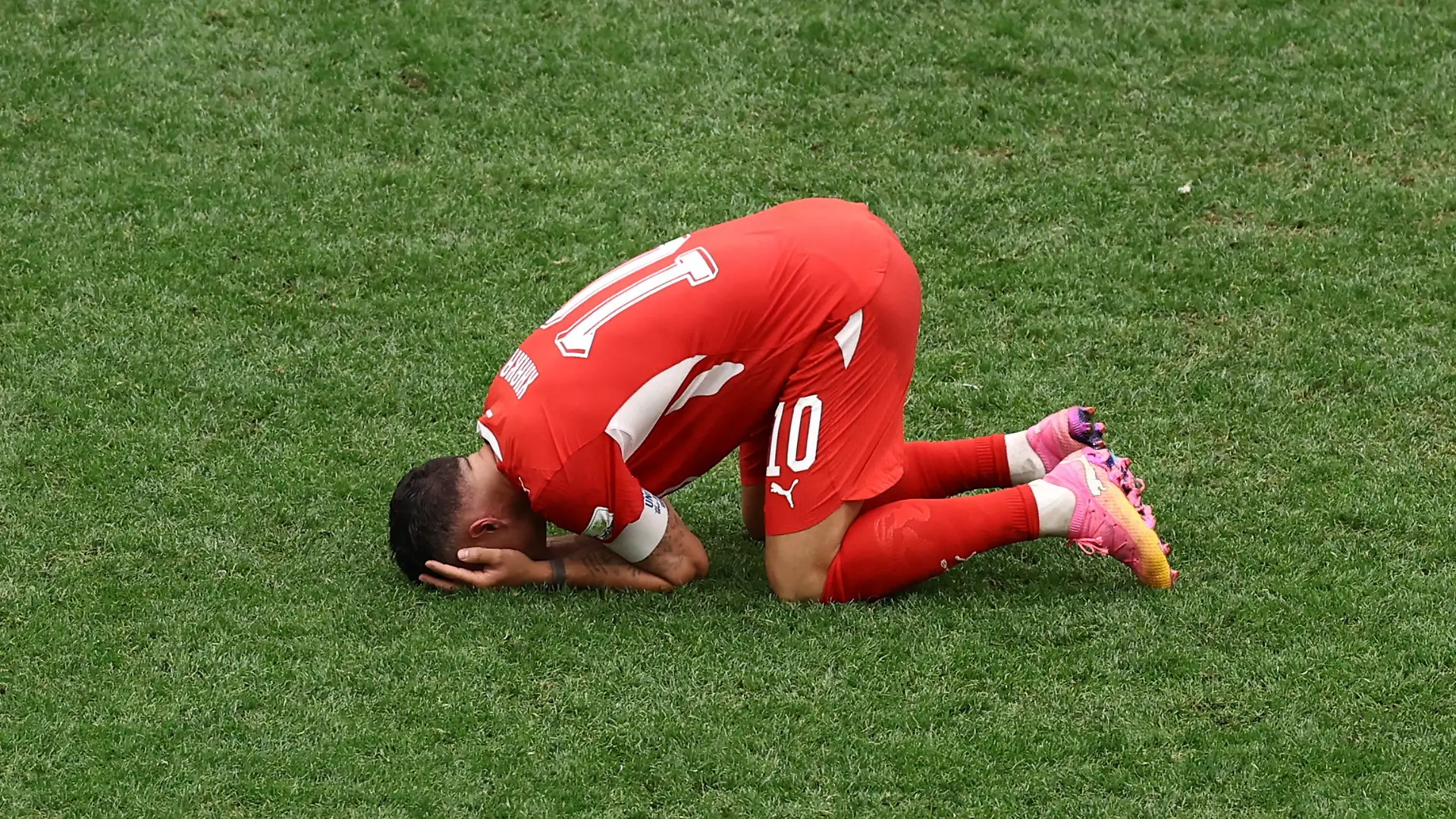 Soccer Football - FIFA World Cup 2026 - Round of 16 - Switzerland v Colombia - BC Place, Vancouver, Canada - July 7, 2026 Switzerland’s Granit Xhaka reacts after the match as Switzerland qualify for the quarter finals of the World Cup REUTERS/Lee Smith