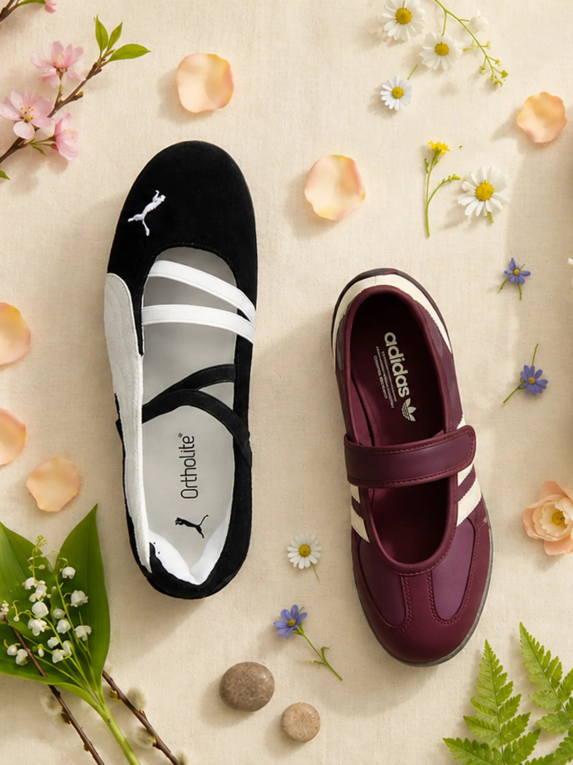 Ballerinas von Adidas, Puma, Bonprix liegen mit Pflanzen auf einem Tisch.