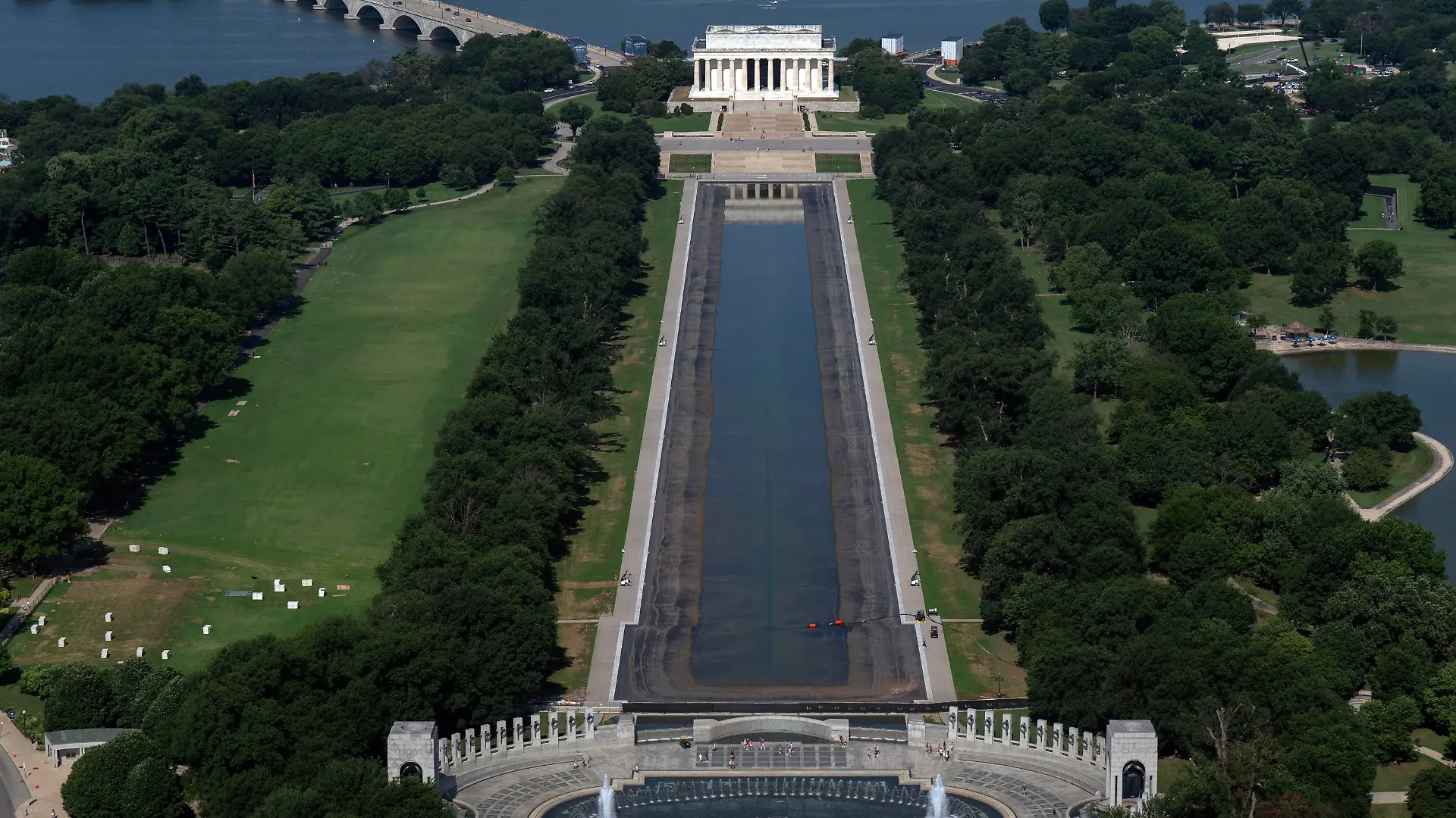 The partially drained Lincoln Memorial Reflecting Pool is pictured from the Washington Monument, Monday, July 13, 2026, in Washington. (AP Photo/Jose Luis Magana)