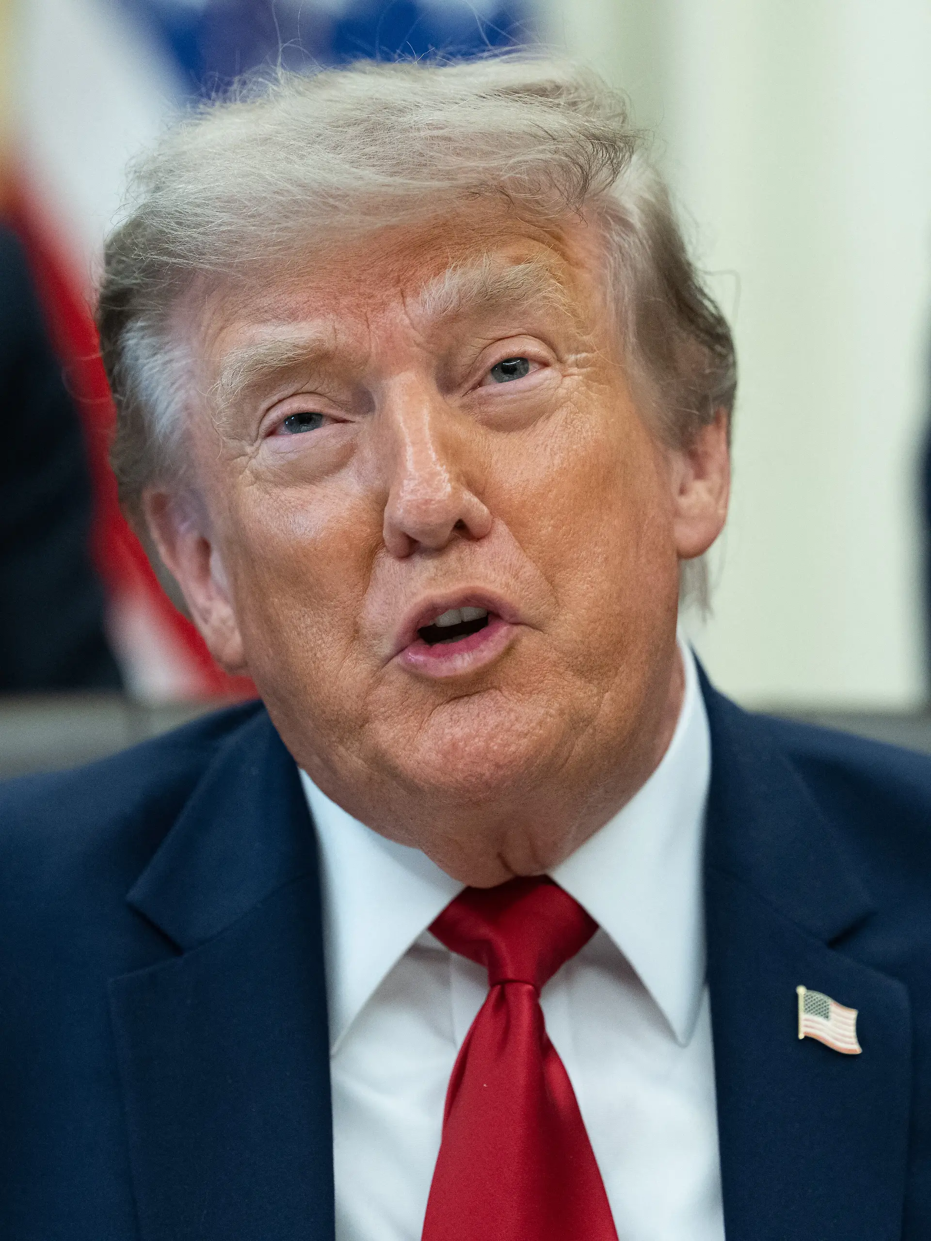 United States President Donald J Trump gives remarks to the press as during an Executive Order signing ceremony for an order that will modify two Utah monuments in the Oval Office of the White House in Washington, DC, USA, on Monday, July 13, 2026. Credit: Aaron Schwartz / Pool via CNP
