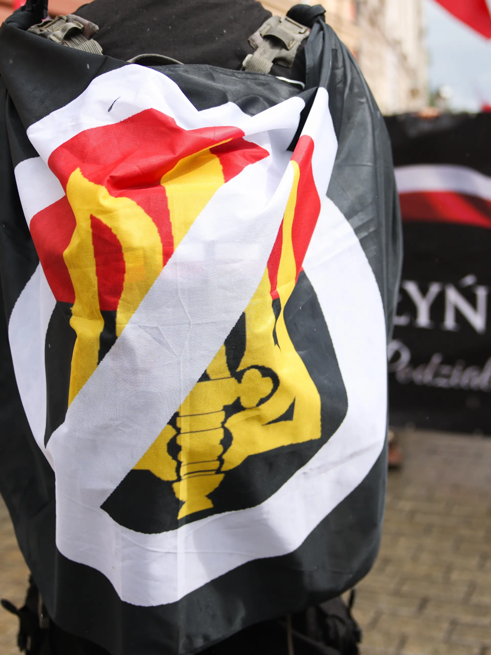 Anti UPA flag is seen during 'Volhynia March' commemorating Polish victims of Ukrainian genocide commited in Volhynia and Eastern Galicia during the Second World War. Krakow, Poland on July 5th, 2026. The massacres of Poles were carried out in German-occupied Poland from 1943 to 1945 by the Ukrainian Insurgent Army, or the UPA, with the support of parts of the local Ukrainian population. Most of the victims were women and children. The UPA's actions resulted in between 50,000 and 100,000 deaths. Recently, Polish President Karol Nawrocki stripped Ukraine's President Volodymyr Zelenskyy of the Order of the White Eagle because Zelenskyy named a Ukrainian military unit 'Heroes of the UPA'. (Photo by Beata Zawrzel/NurPhoto)