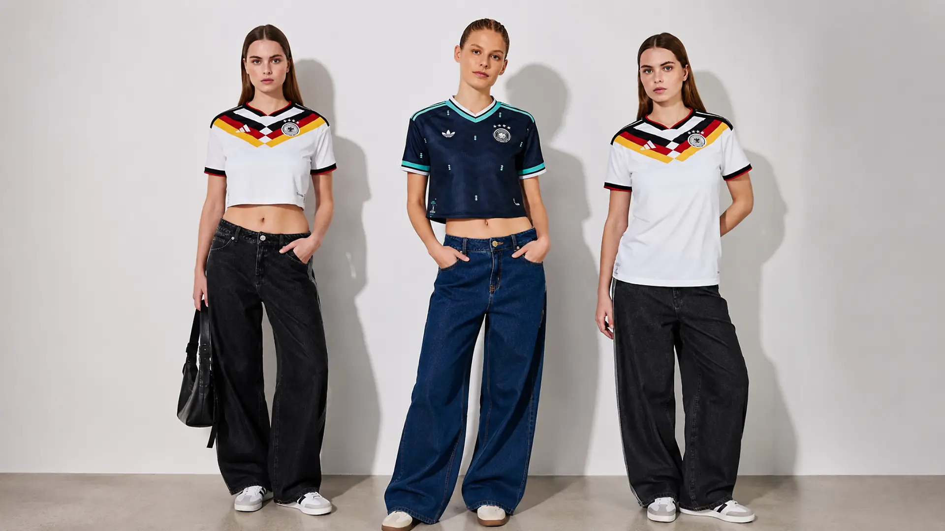 Drei Frauen tragen die WM-Trikots 2026