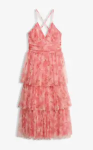 Midikleid aus zartem Tüll mit Volants, pink geblümt