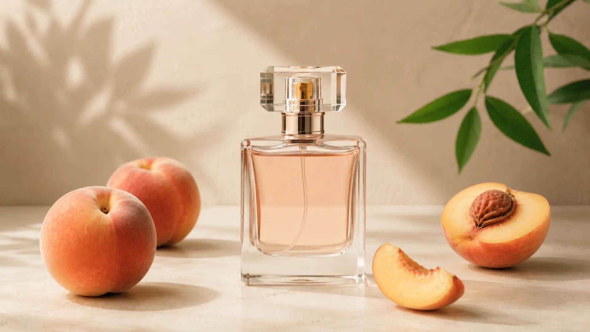 Parfumflakon umgeben von Pfirsichen