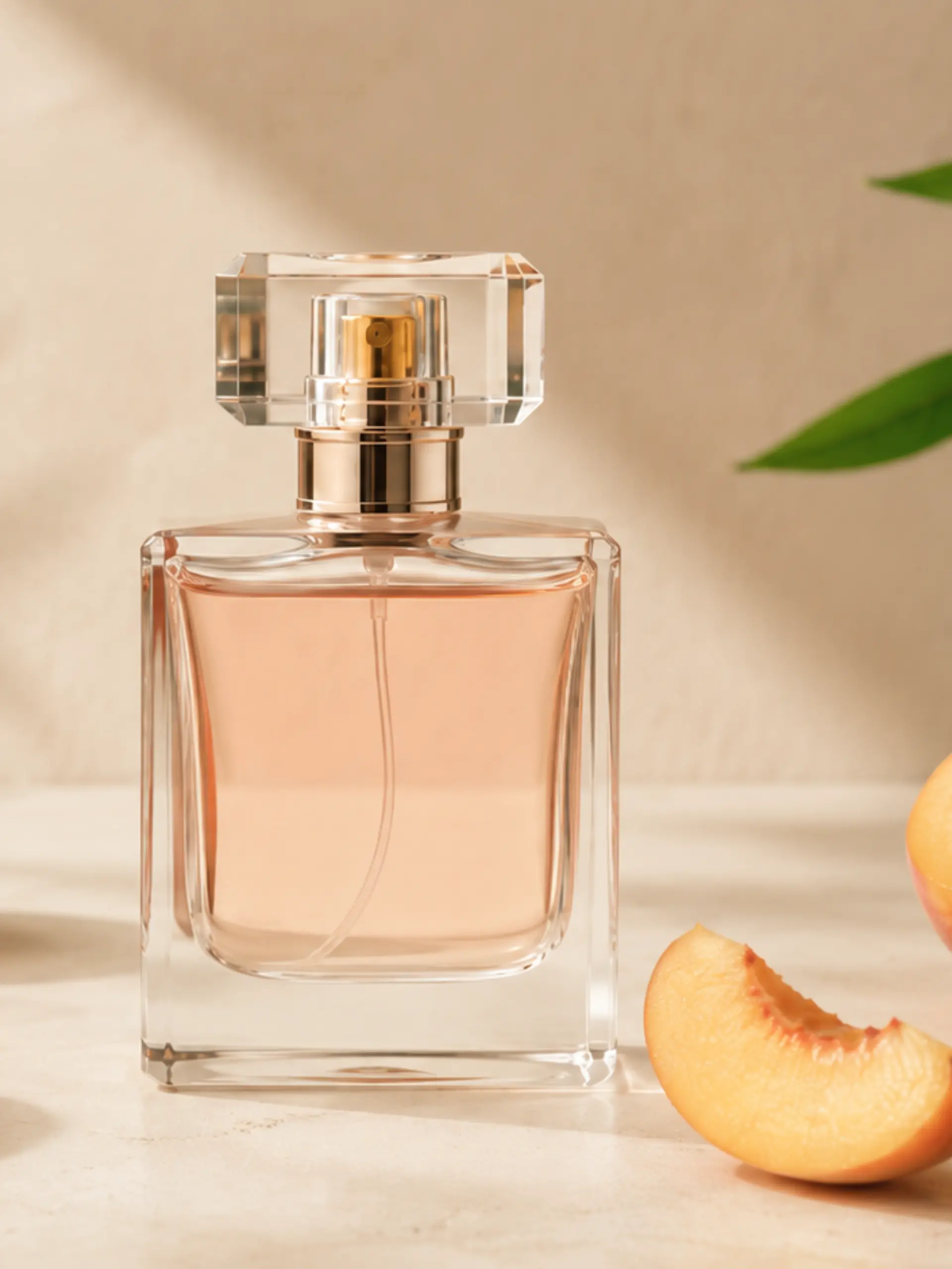 Parfumflakon umgeben von Pfirsichen 