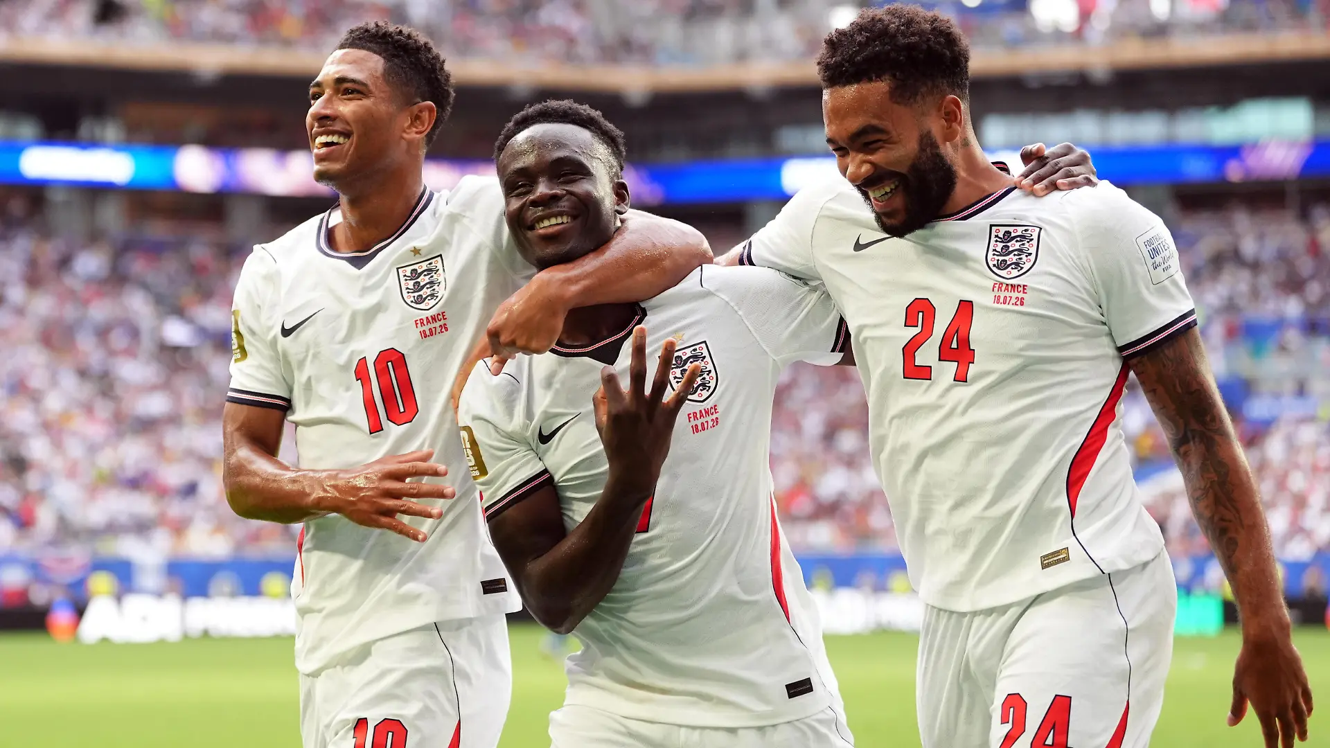 France v England - FIFA World Cup 2026 - Bronze Final - Miami Stadium. England's Bukayo Saka celebrates scoring his sides fifth goal with Jude Bellingham and Reece James during the FIFA World Cup 2026 bronze final at the Miami Stadium. Picture date: Saturday July 18, 2026. Photo credit should read: Martin Rickett/PA Wire. RESTRICTIONS: Use subject to restrictions. Editorial use only, no commercial use without prior consent from rights holder. URN:85347583