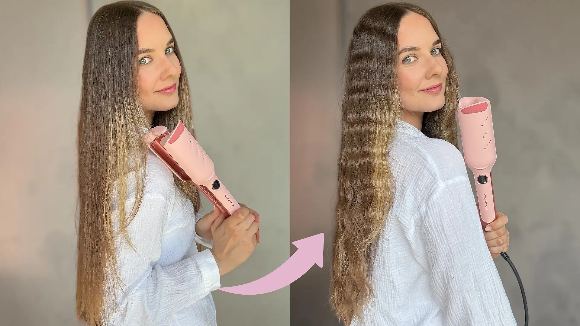 Vorher-Nachher-Ergebnis mit dem Wavytalk Power Wave Welleneisen.