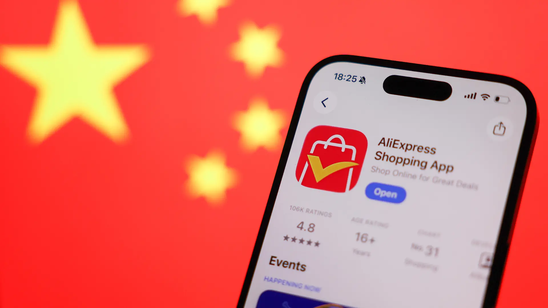 Chinese flag displayed on a screen AliExpress on App Store displayed on a phone screen are seen in this illustration photo taken in Krakow, Poland on July 1, 2026. (Photo by Jakub Porzycki/NurPhoto)