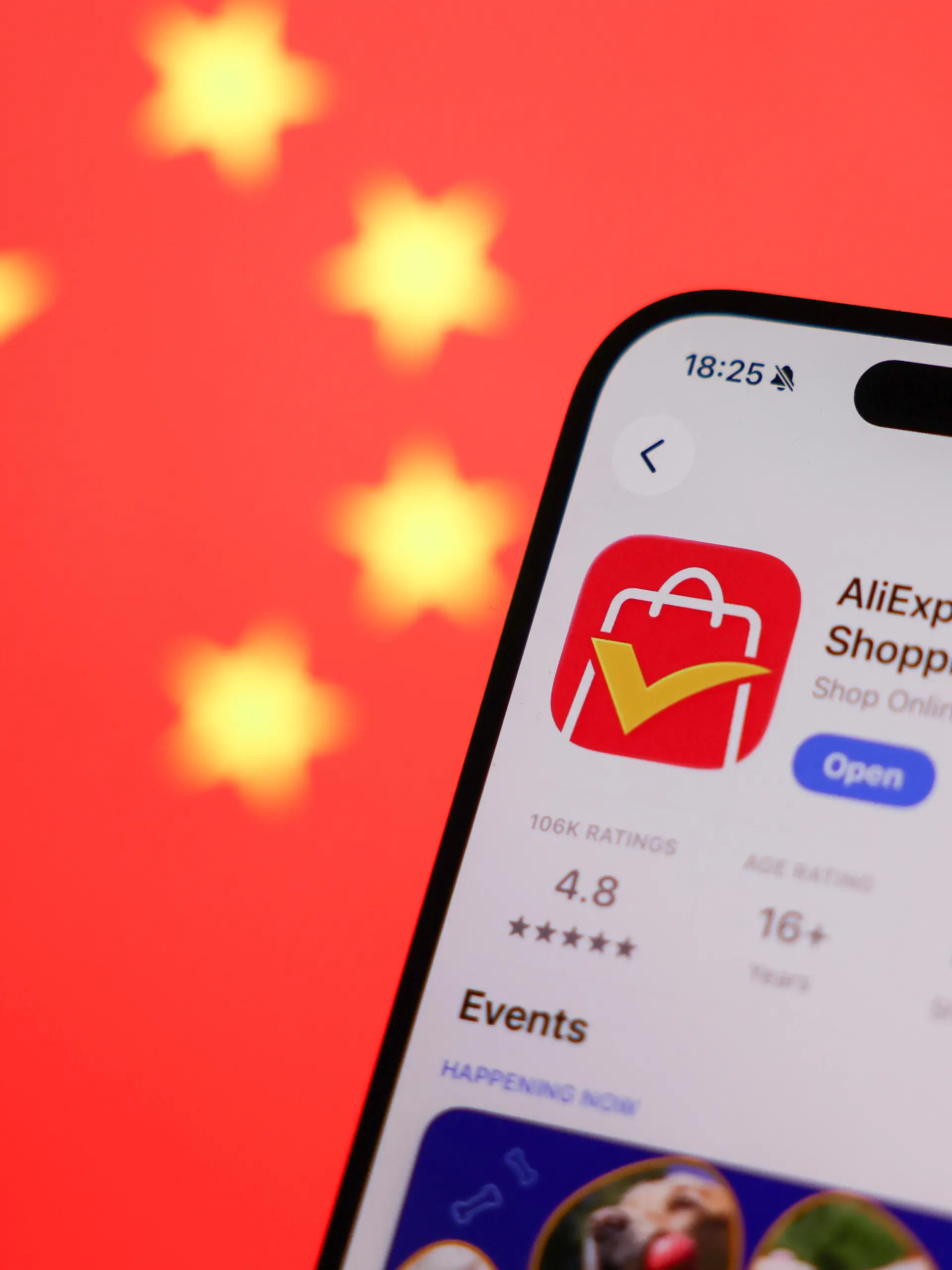 Chinese flag displayed on a screen AliExpress on App Store displayed on a phone screen are seen in this illustration photo taken in Krakow, Poland on July 1, 2026. (Photo by Jakub Porzycki/NurPhoto)