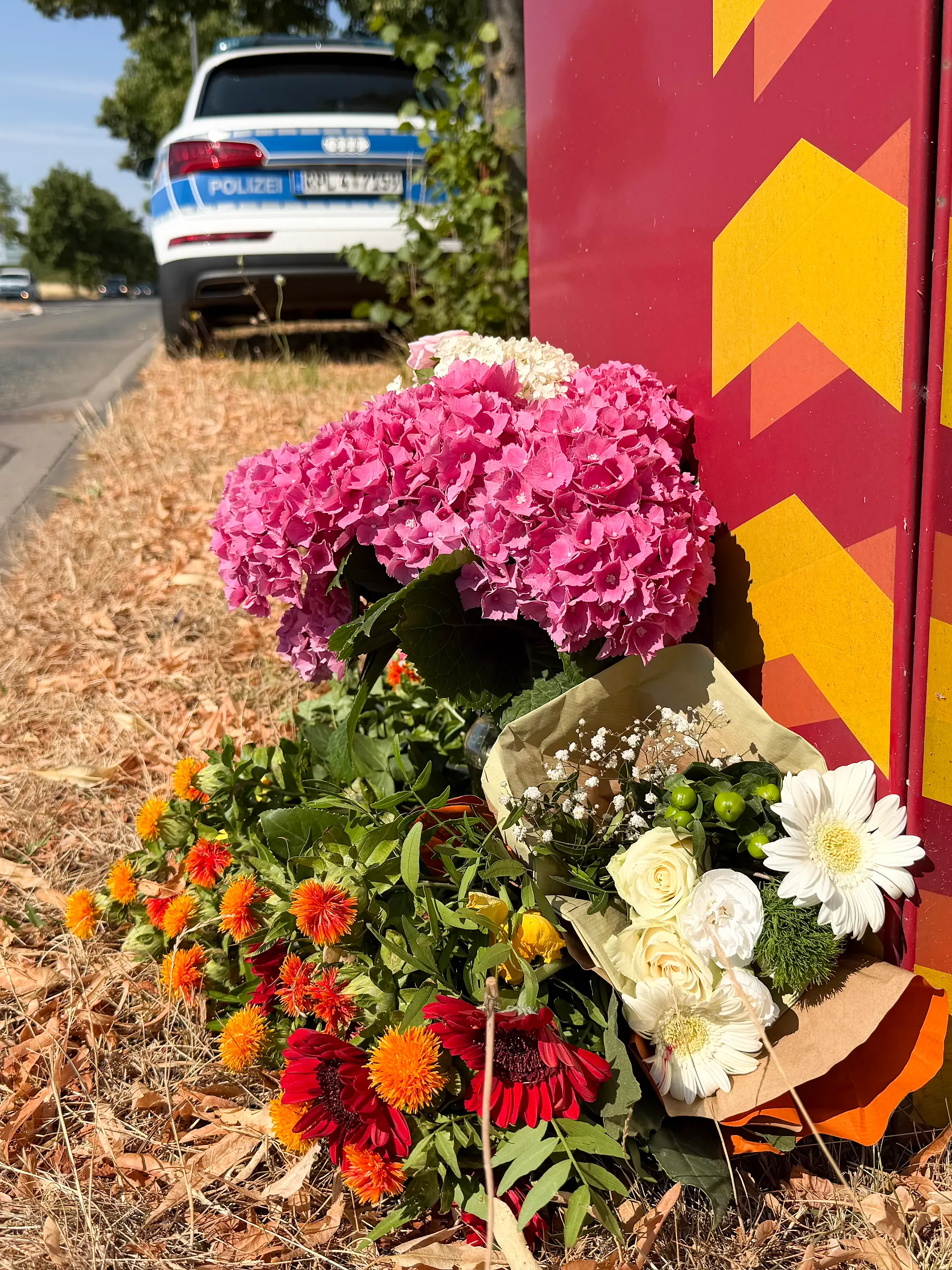 Blumen liegen an der Stelle, wo ein Student bei einem Angriff auf offener Straße in Trier getötet worden ist. Der 22-Jährige wurde von einem Gleichaltrigen angegriffen, wie die Polizei mitteilte. +++ dpa-Bildfunk +++