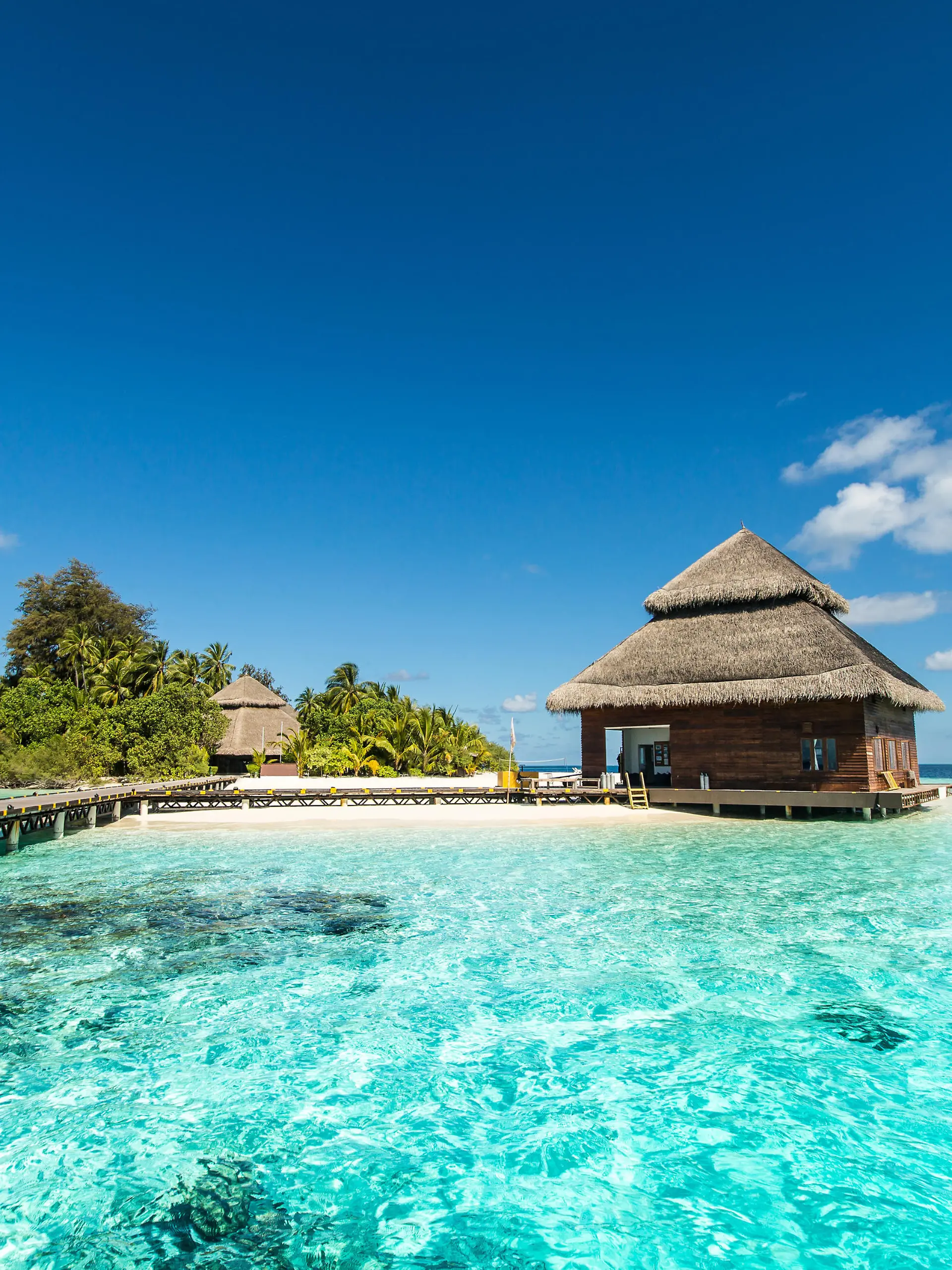 small tropical island with beach villas
